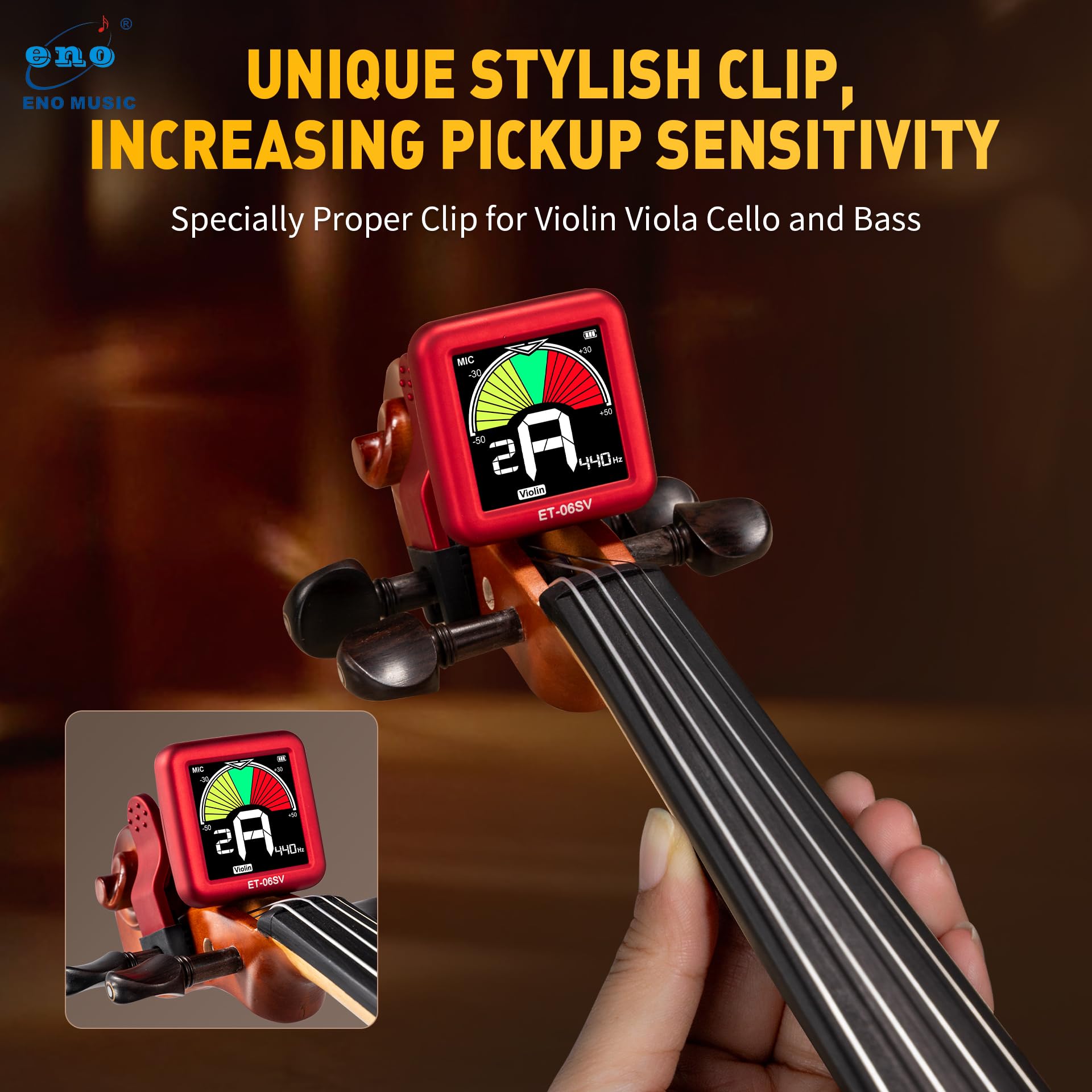 ENO MUSIC Rechargeable Type-C Quick Charge Easy Control Big LCD Display Easy Reading Clip-on Tuner for 4/4 Violin Viola Bass, Red