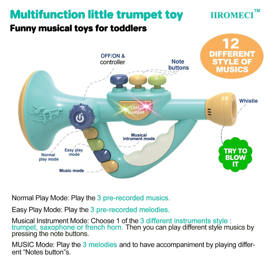 Musical Instruments Toys for Kids, Toddlers Little Trumpet and Baby Educational Toy for Girls & Boys Ages 1-3 (Blue)