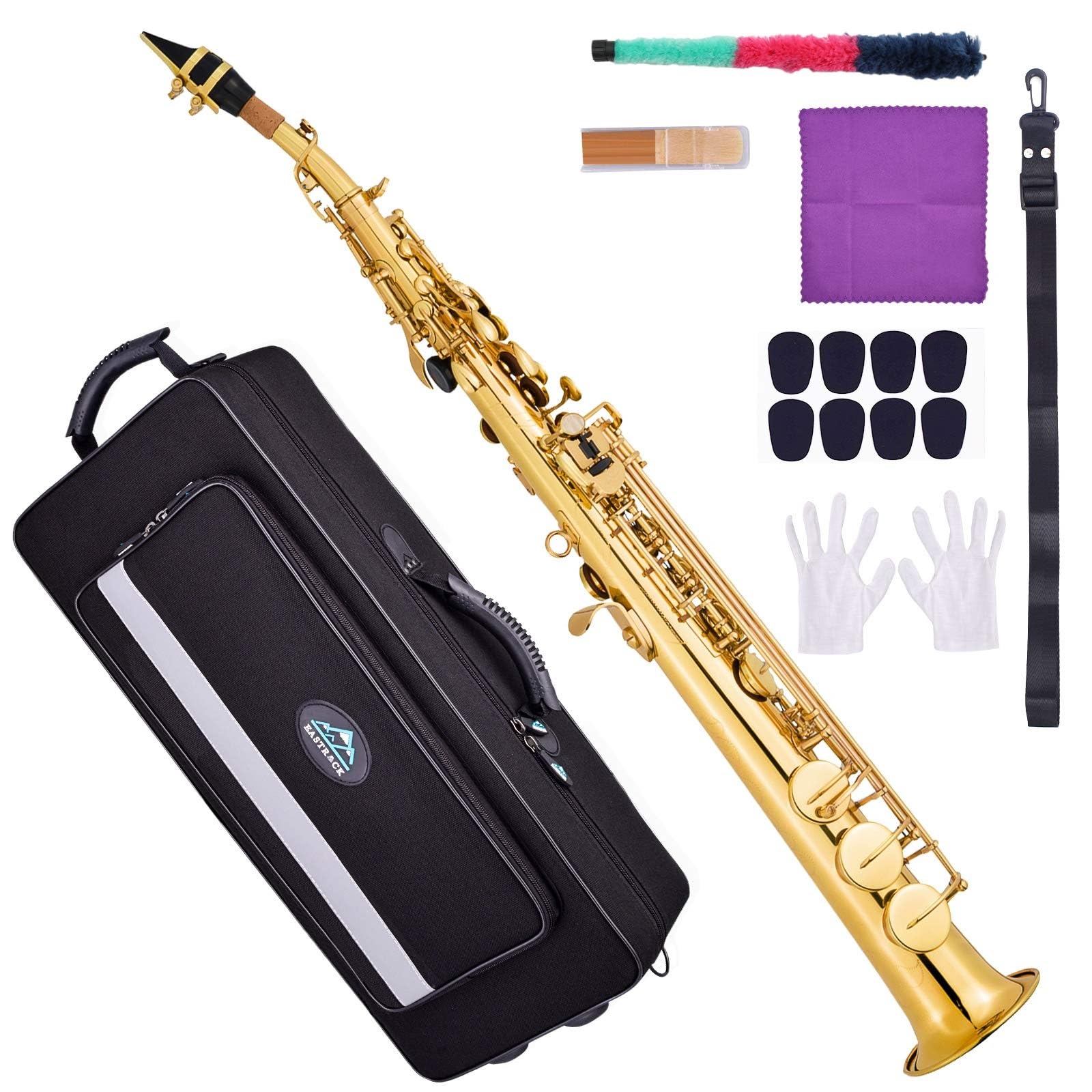 EASTROCK Soprano Saxophone Curved Bb Flat Black Sax Instruments for Beginners Intermediate Players with Carrying Case,Mouthpiece,Pads,Reed,Cleaning kit,neck Strap,White Gloves