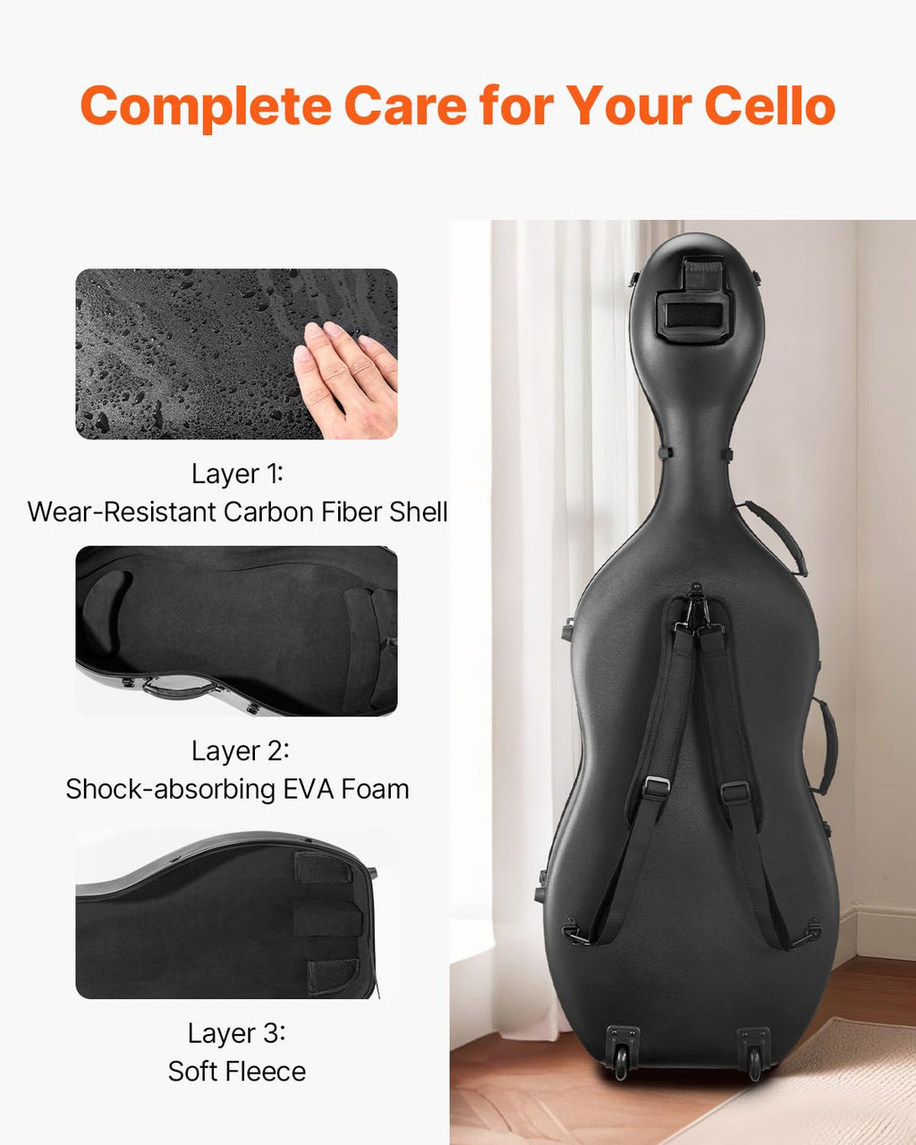 VEVOR 4/4 Full Size Cello Case, Lightweight Portable Travel Carrying Bag, with Dual Shoulder Straps, Anti-Scratch, Professional Cello-Shape, for Cello, Black
