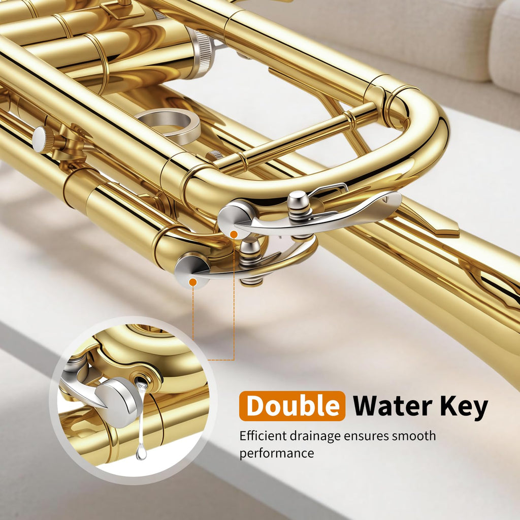 JAMELO Bb Standard Trumpet Set, Brass Trumpet Instrument for Student/Beginner with Carrying Case, 7C Mouthpiece, Cleaning Cloth and Gloves (TP-100, Gold)