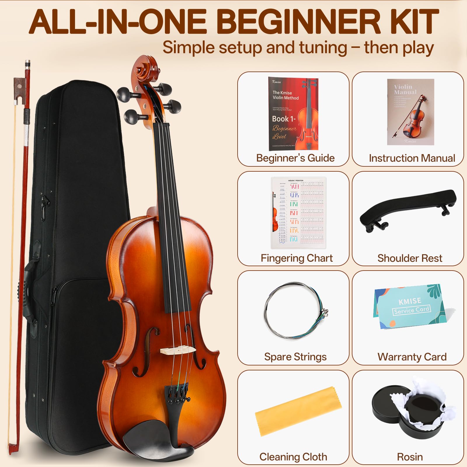Kmise Teacher Approved 4/4 Full Size Violin Starter Kit for Adults Beginners Students, High Density Ebony Acoustic Violins, Fiddle Bundle with Case, Bow, Rosin, Strings, Shoulder Rest & Guide