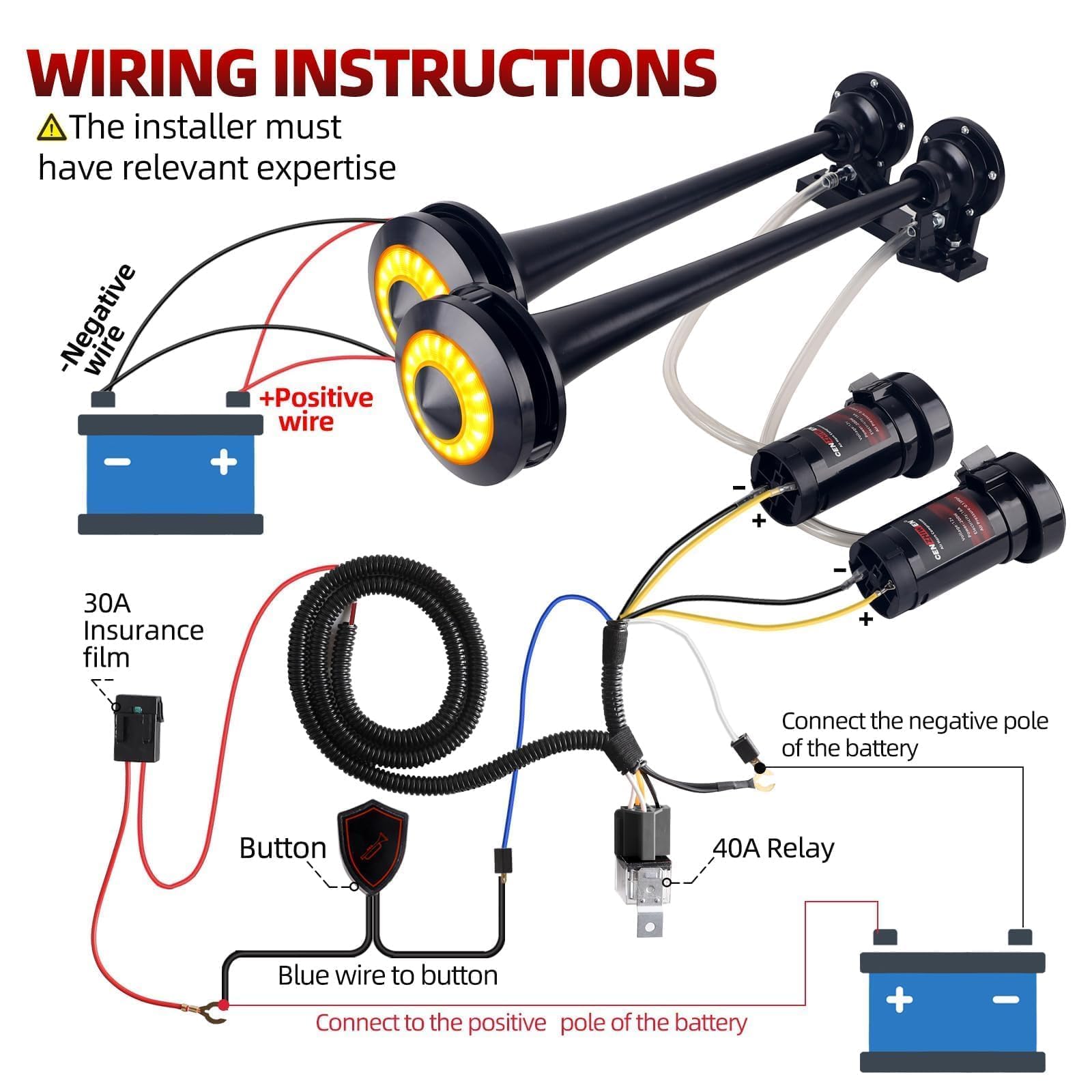 Dual 2-Trumpet Metal Air Horn for truck Kit with 2 air Compressors,12V 150dB Ultra Loud impact train car horn moto horn is suitable for pickup/SUV/Boat (Two-tube integrated)