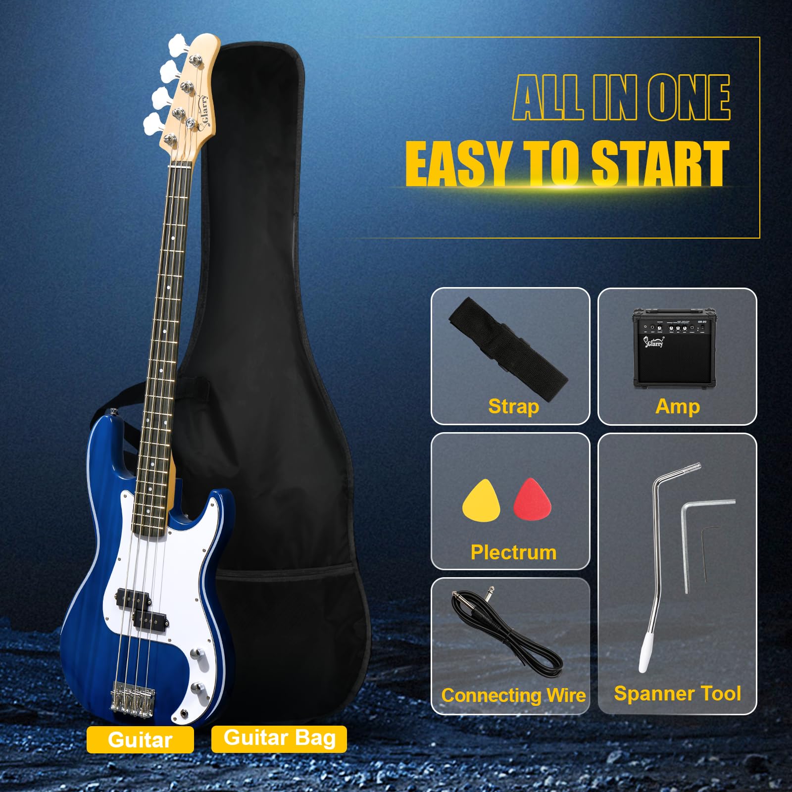 GLARRY Full Size Electric Bass Guitar Beginner Kit 4 String Exquisite Basswood Bass with 20W AMP, Cable, Strap, Bag and Accessories (Black, 39"Right Handed)