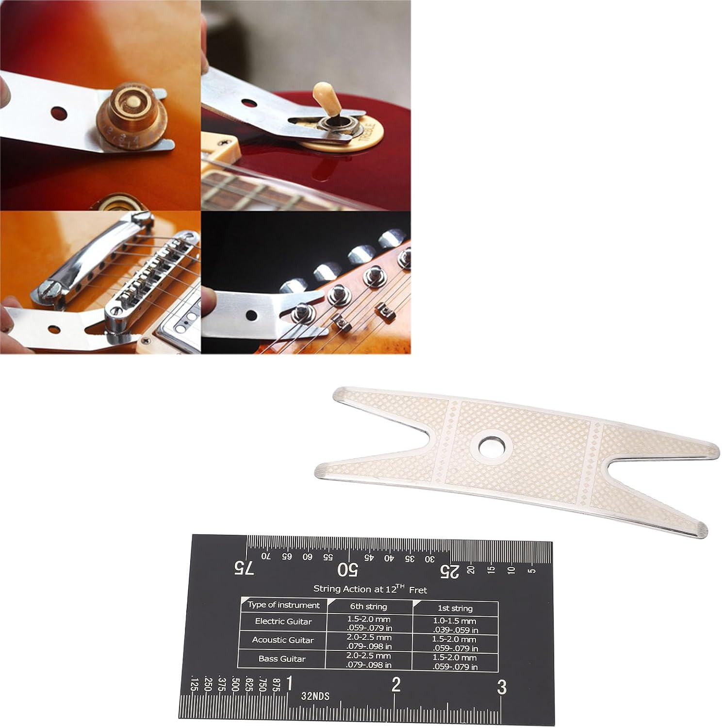 Generic Guitar Luthier Tools Kit, Metal String Action Ruler Gauge Tool Set with Wrench, Double Sided Metric Imperial Marks, for Electric Guitar Bass Acoustic Repair and Setup