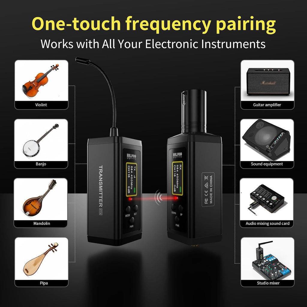 UHF Wireless Violin Microphone System for Musicians, Banjo, Mandolin | 260FT Range, Dual Volume Control, Instrument Pickup Clip-on Mic, XLR Transmitter and Receiver for Active PA Systems, F40V