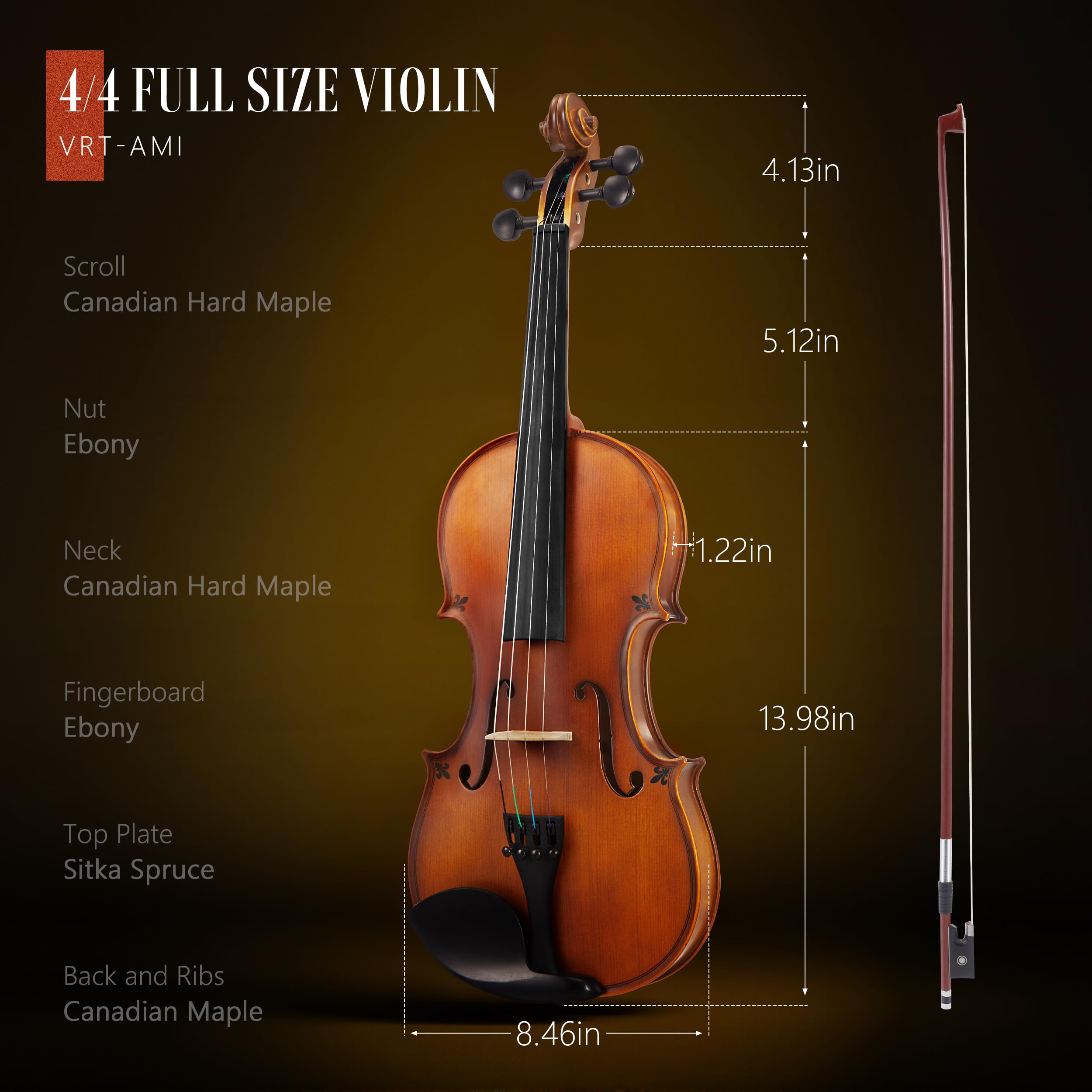 AKLOT Handcrafted Full Size Violin: Solid Wood Matte Fiddle, Acoustic Beginner 4/4 Violin Kit with Hard Case, Lesson Book, Bow, Shoulder Rest, Extra Strings, Tuner, Fretboard Stickers (VRT-AmiCS)