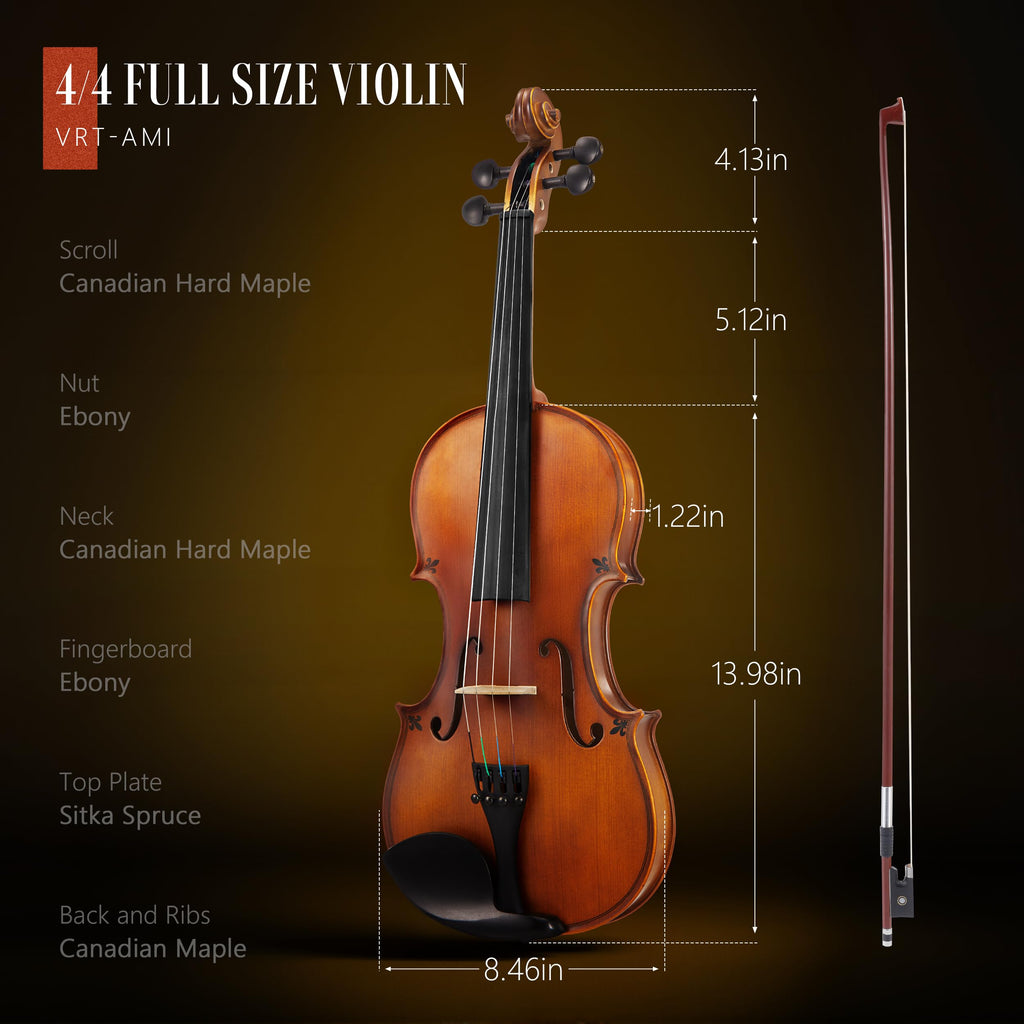 AKLOT Handcrafted Full Size Violin: Solid Wood Matte Fiddle, Acoustic Beginner 4/4 Violin Kit with Hard Case, Lesson Book, Bow, Shoulder Rest, Extra Strings, Tuner, Fretboard Stickers (VRT-AmiCS)