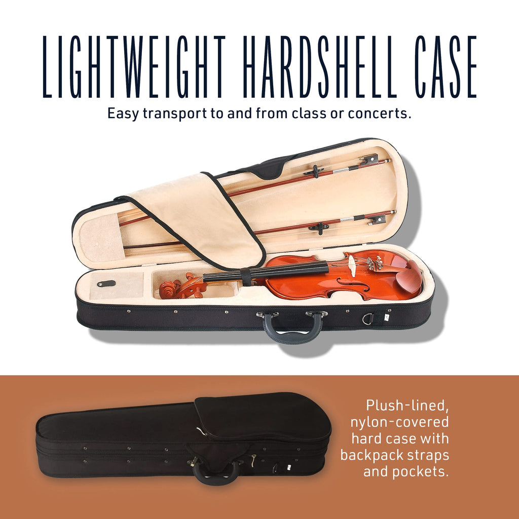 Cecilio 1/2 Size Natural Varnish Violin for Beginners, Hand-Carved Solid Spruce Top, Maple Back & Sides, Full Fiddle Kit with Hard Case, Bows, Rosin, Shoulder Rest, Lesson Book