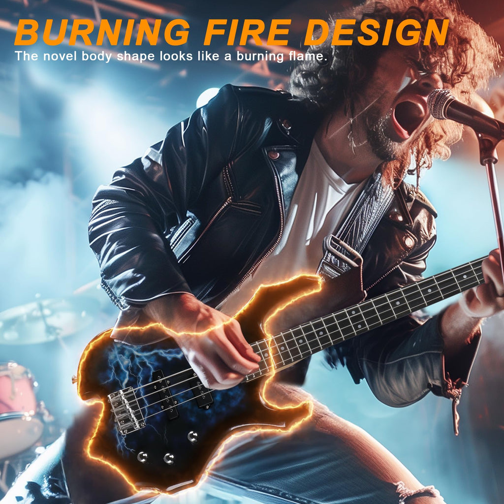 Ktaxon Electric Bass Guitar Full Size Flame Design Bass Set with 20 Watt Amplifier, Portable Bass Bag, Superior Amp Wire, Adjustable Guitar Strap, Plectrum, Wrench Tool(Matte Black)