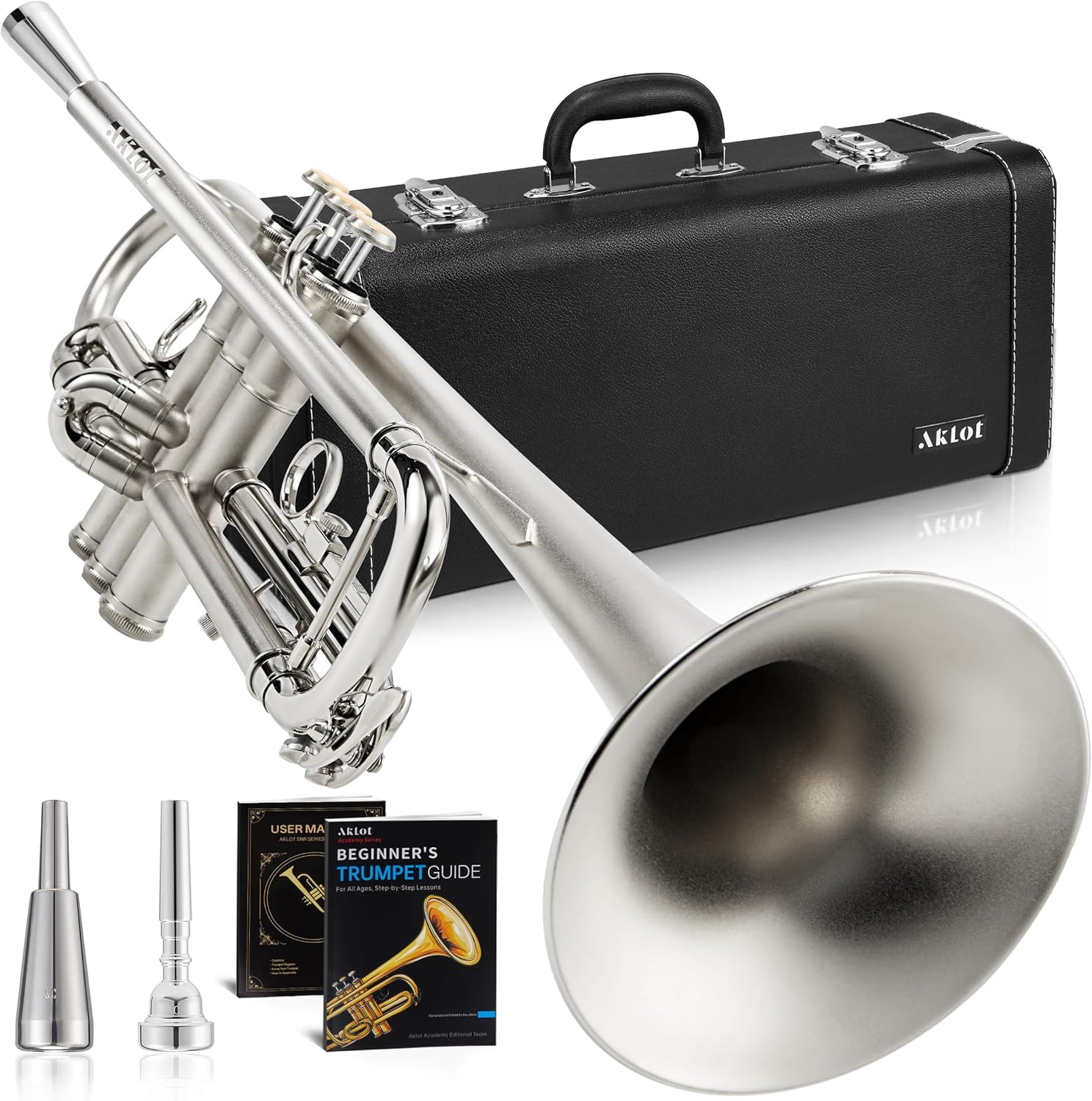 AKLOT Weighted Leadpipe Bb Trumpet: Satin Silver, Mouthpiece Booster, 7C Mouthpiece*2, Beginner & Intermediate Standard Trumpet Instrument, Trompeta Musicale with Hard Case, Lesson Book, Cleaning Kit