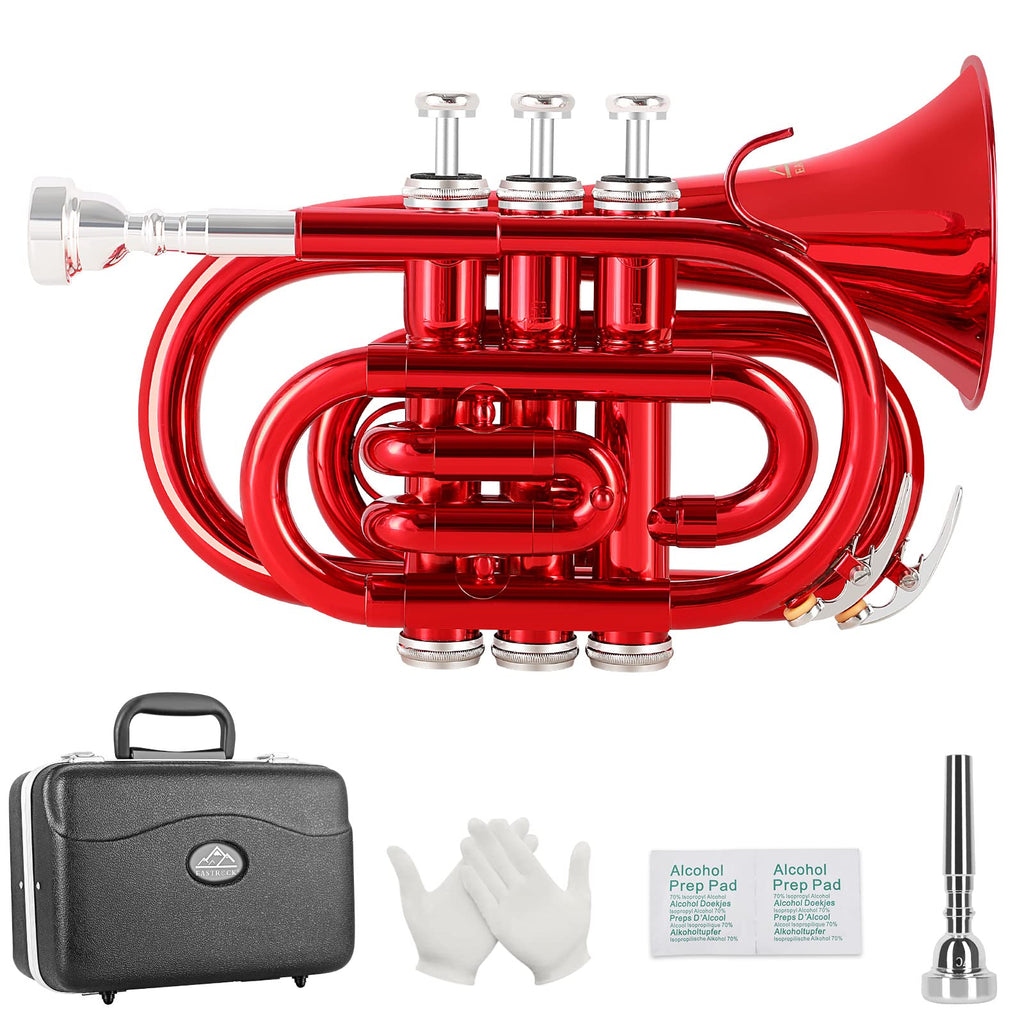 EastRock Pocket Trumpet Brass Bb Nickel Plated Trumpet with 7 C Mouthpiece, Hard Case, Strap, White Gloves, Cleaning Kit for Students and Beginners