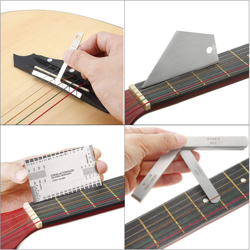 Mudder 17 Pieces Guitar Luthier Tools Set Setup Kit Include Radius Gauge String Action Ruler 32 Blades Feeler Gauges Notched Radius Neck Notched Straight Edge Fret Rocker for Guitar Bass Setup