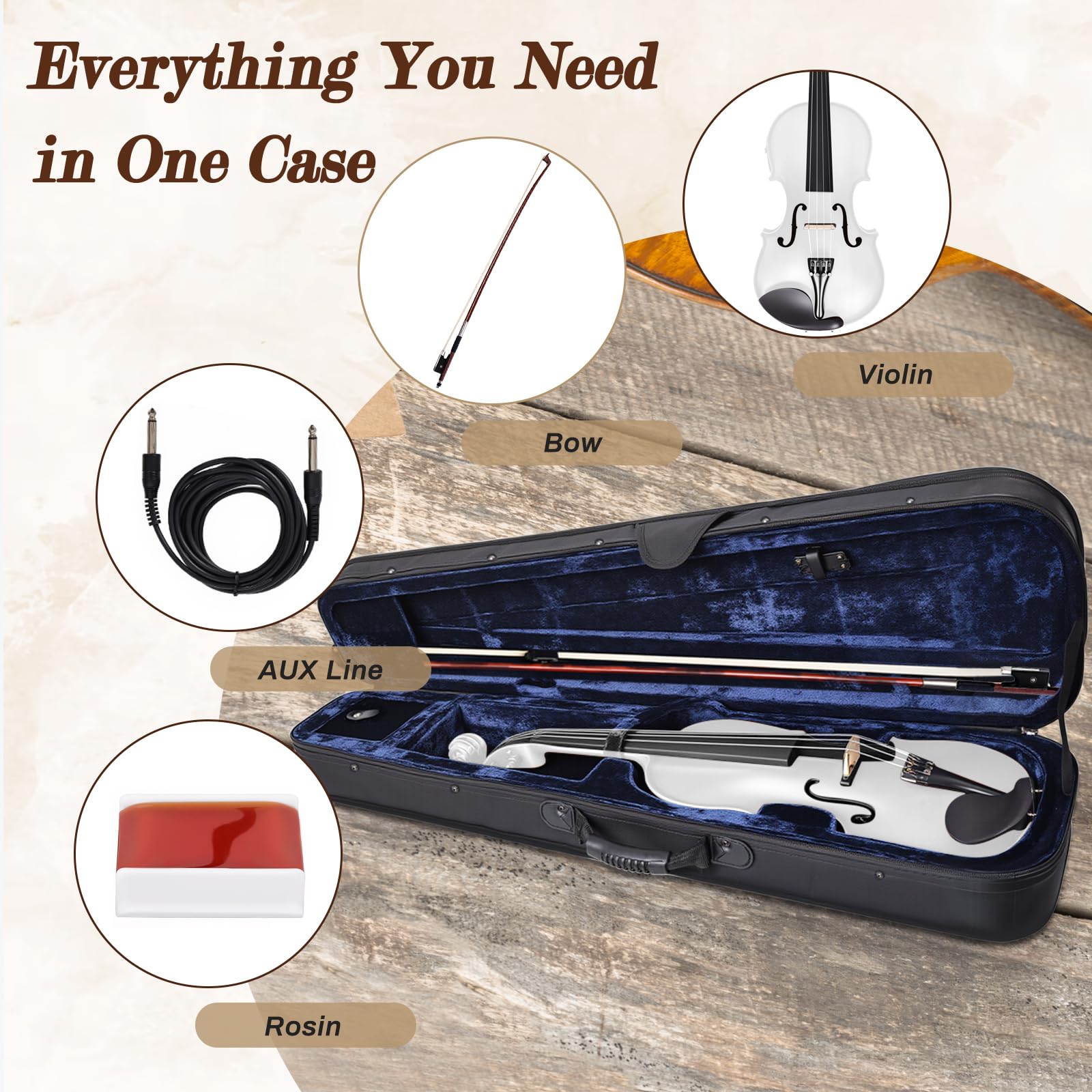 Electric/Acoustic Violin with Ebony Accessories with Carrying Case, Violin Bow, Bridge, Shoulder Rest, Stickers, Tuner, Instruction, Handcraft with Maple, Spruce (White)