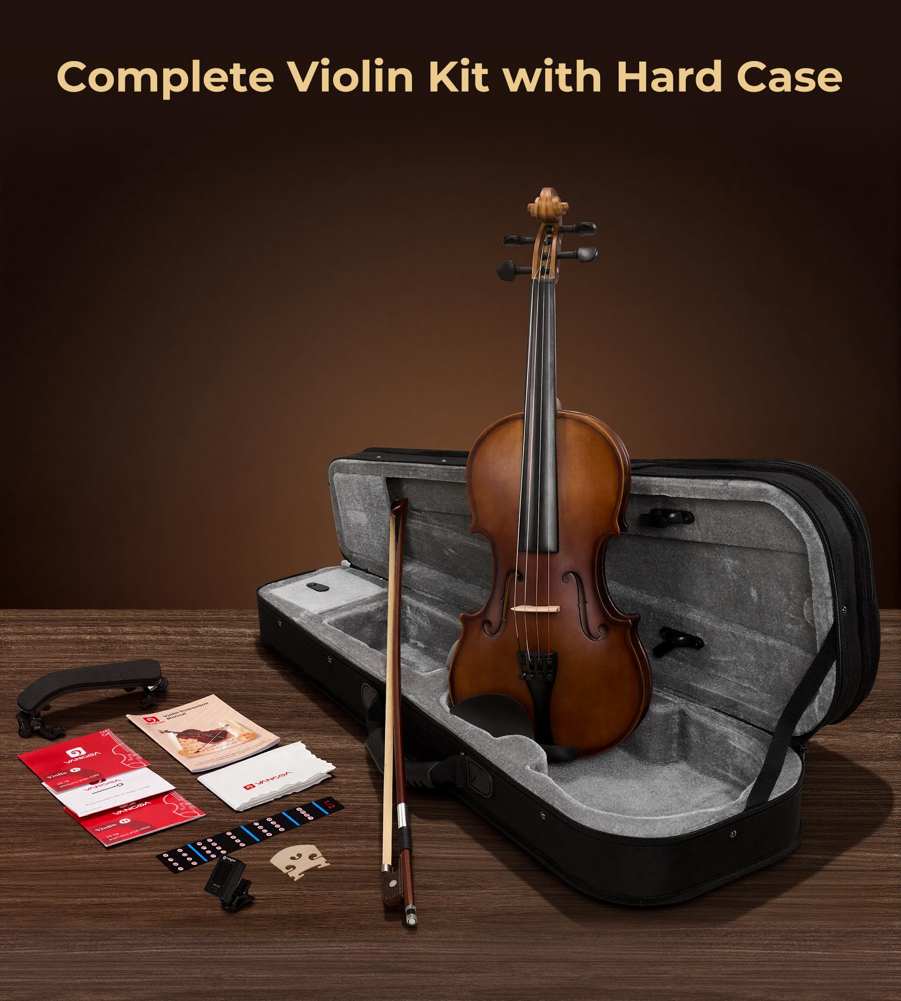 Vangoa 4/4 Solid Wood Acoustic Violin Full Size Fiddle Set for Beginner Adult Student Teen Kids with Violin Case, Bow, Rosin, Shoulder Rest, Tuner, Strings, Natural
