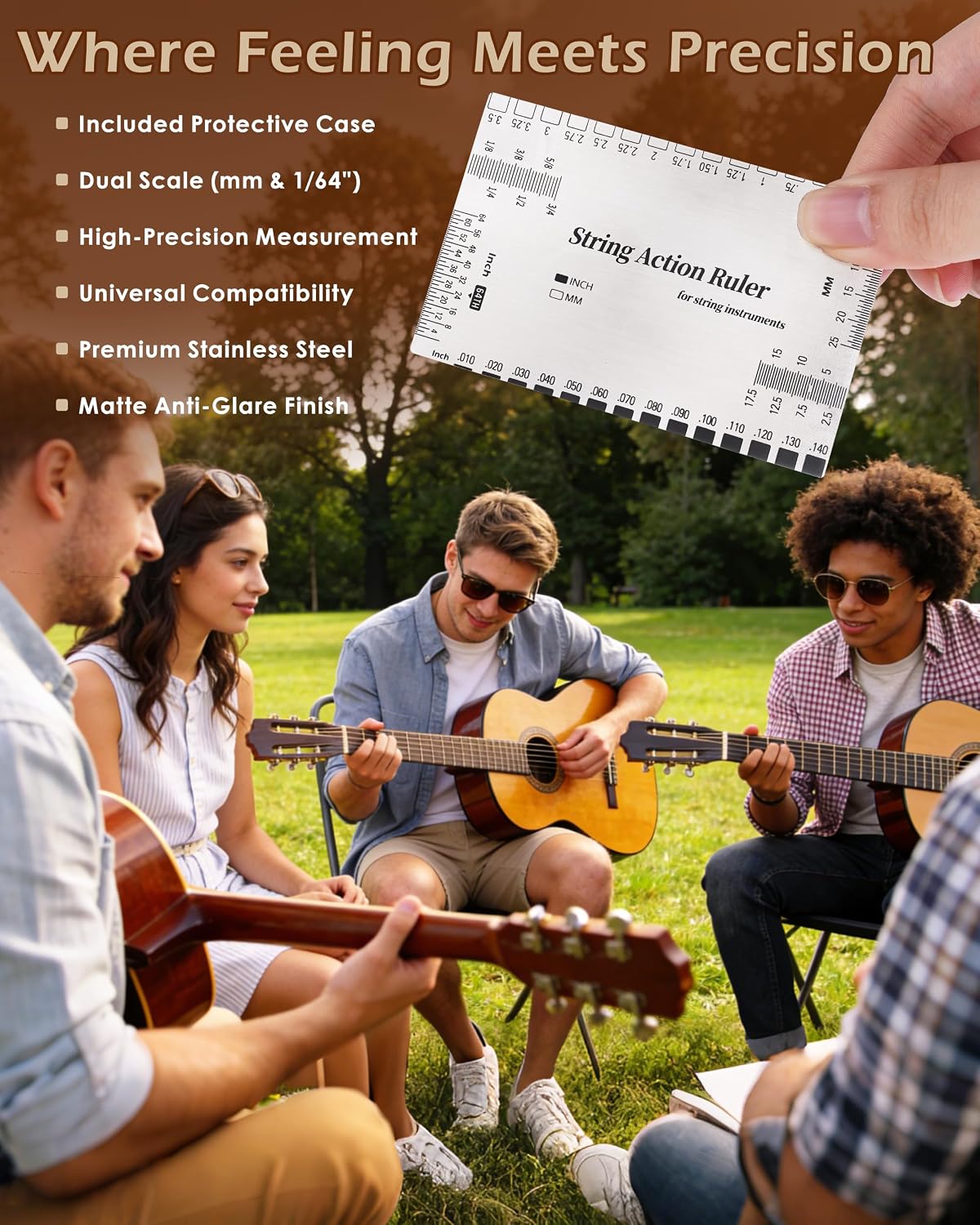 Guitar String Action Gauge Ruler, Professional Setup Tool with Dual mm & 1/64" Scales - for Electric, Acoustic, Bass Guitars - Includes Measurement Chart & Protective Sleeve - Print Silver Edition