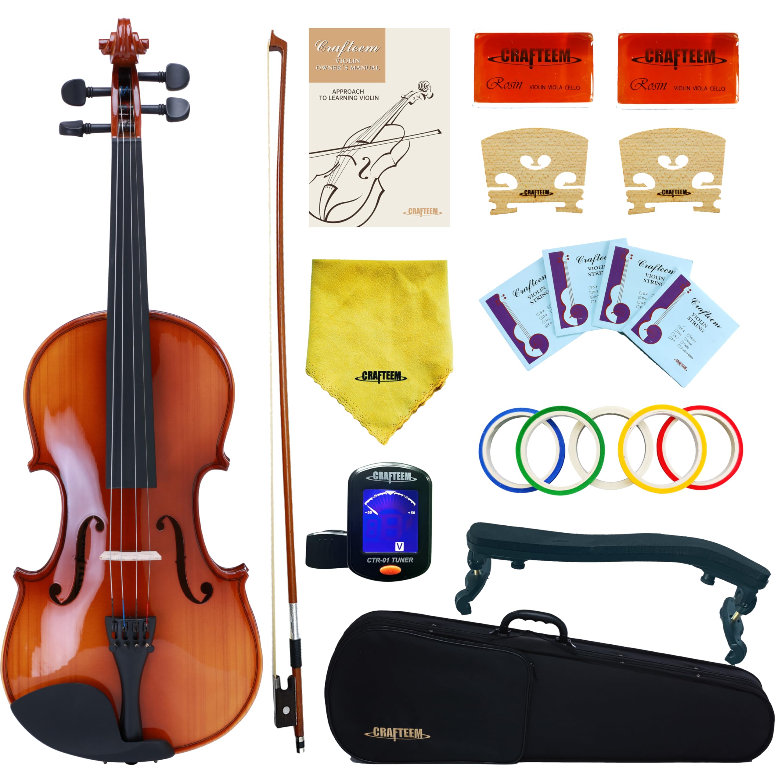 Crafteem Spruce and Maple Solid Wood Violin Outfit for Beginner Kids & Adults -Craft Your Perfect Sound and Begin Your Musical Journey with Confidence. (Glossy Antique, 1/2)