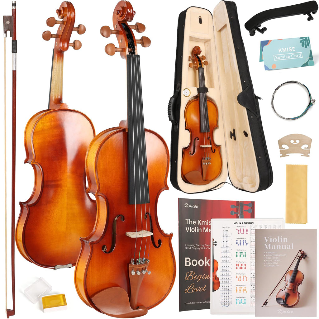 Kmise Violin 4/4 Full Set, Fingerboard Fret Markings Violins, Matte Acoustic Fiddle for Adults, Beginners, Students with Violin Case, Rosin, Strings, Bow, Shoulder Rest, Beginner's Guide (Matte, 4/4)