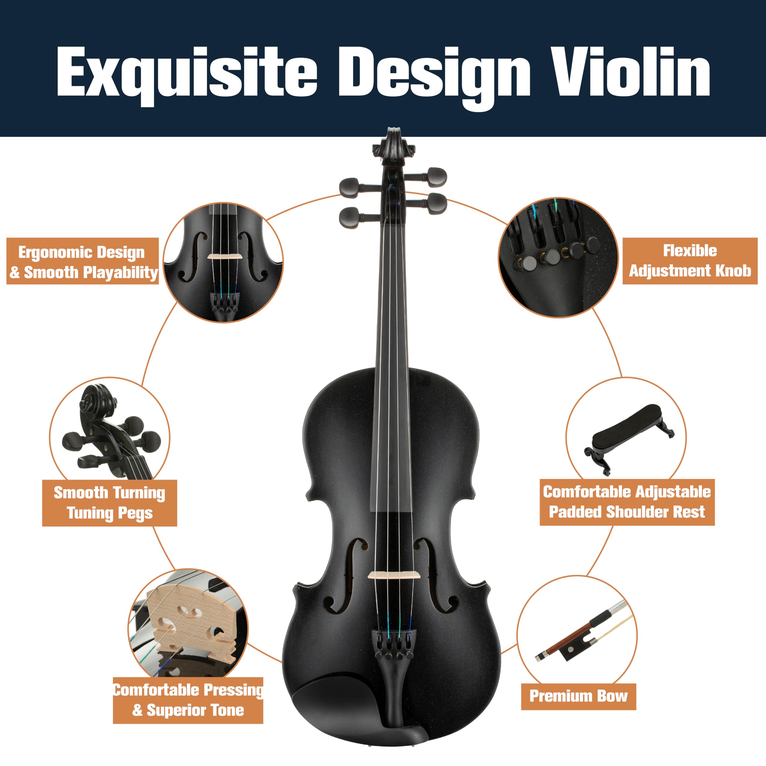 Mendini By Cecilio Violin 4/4 Full Size For Beginners - Fiddle Solidwood Kit with Hard Case - Acoustic Violins with Bow, Rosin, Tuner, Extra Strings & Bridge, Shoulder Rest and Lesson Book (Varnish)