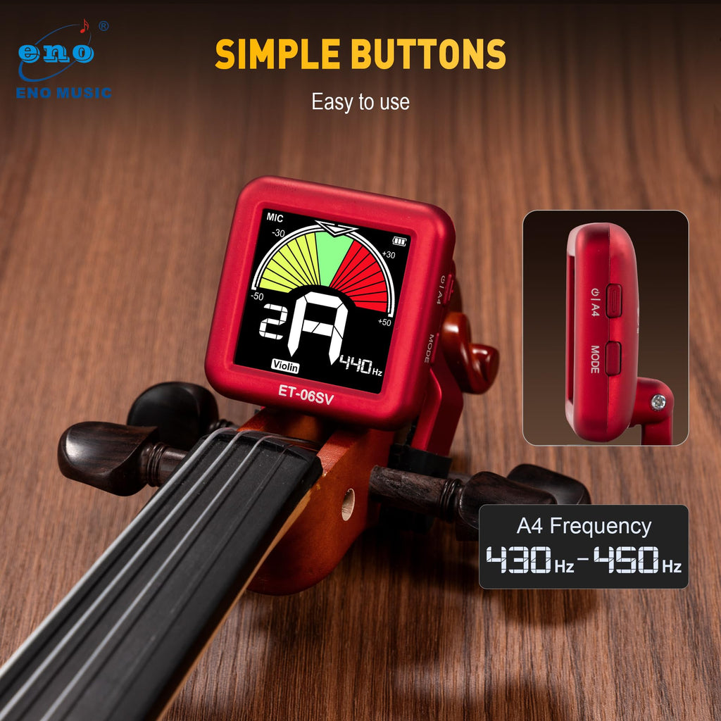 ENO MUSIC Rechargeable Type-C Quick Charge Easy Control Big LCD Display Easy Reading Clip-on Tuner for 4/4 Violin Viola Bass, Red