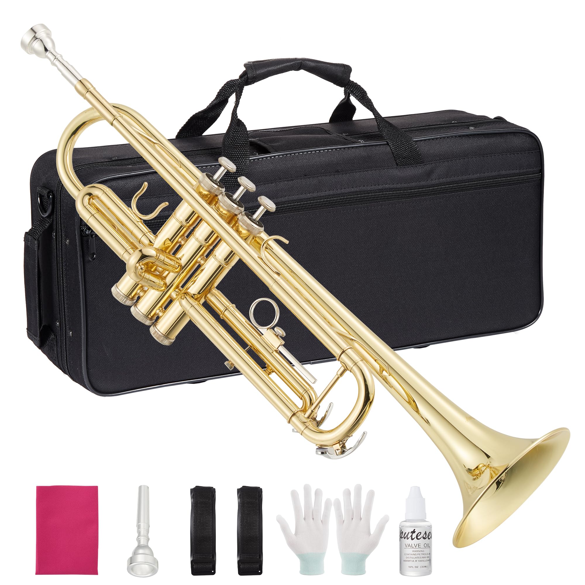 Senfot Brass Standard Trumpets with Bag, Mouthpiece, Strap, Gloves, Cleaning cloth, Trumpet oil; Exceptional Sound Quality Instrument for Band, Lessons & Practice