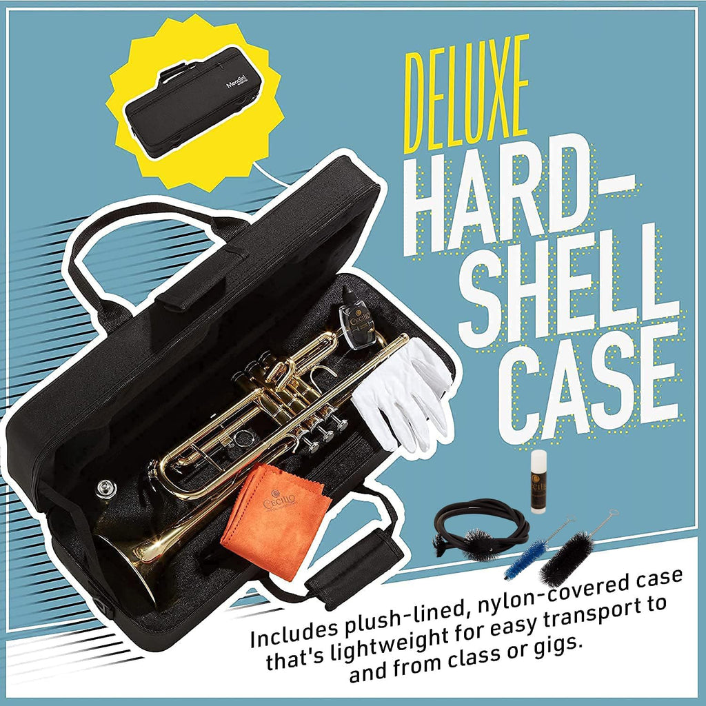 Mendini By Cecilio Bb Standard Trumpet Set for Beginners - Brass Trumpet Instrument with Hard Case, 7C Mouthpiece, Valve Oil, Cleaning Cloth, Maintenance kit and Gloves (Gold)