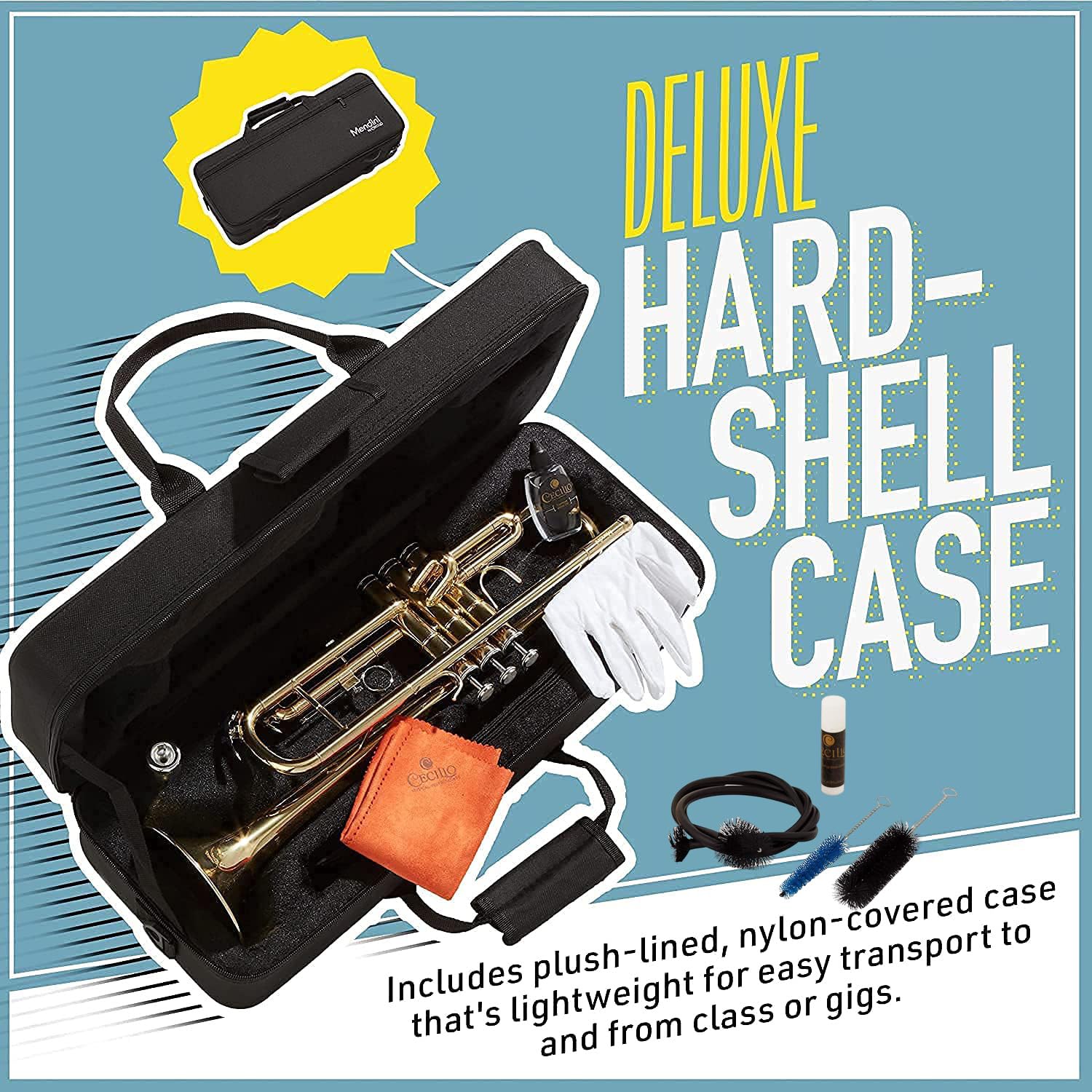 Mendini By Cecilio Bb Standard Trumpet Set for Beginners - Brass Trumpet Instrument with Hard Case, 7C Mouthpiece, Valve Oil, Cleaning Cloth, Maintenance kit and Gloves (Gold)