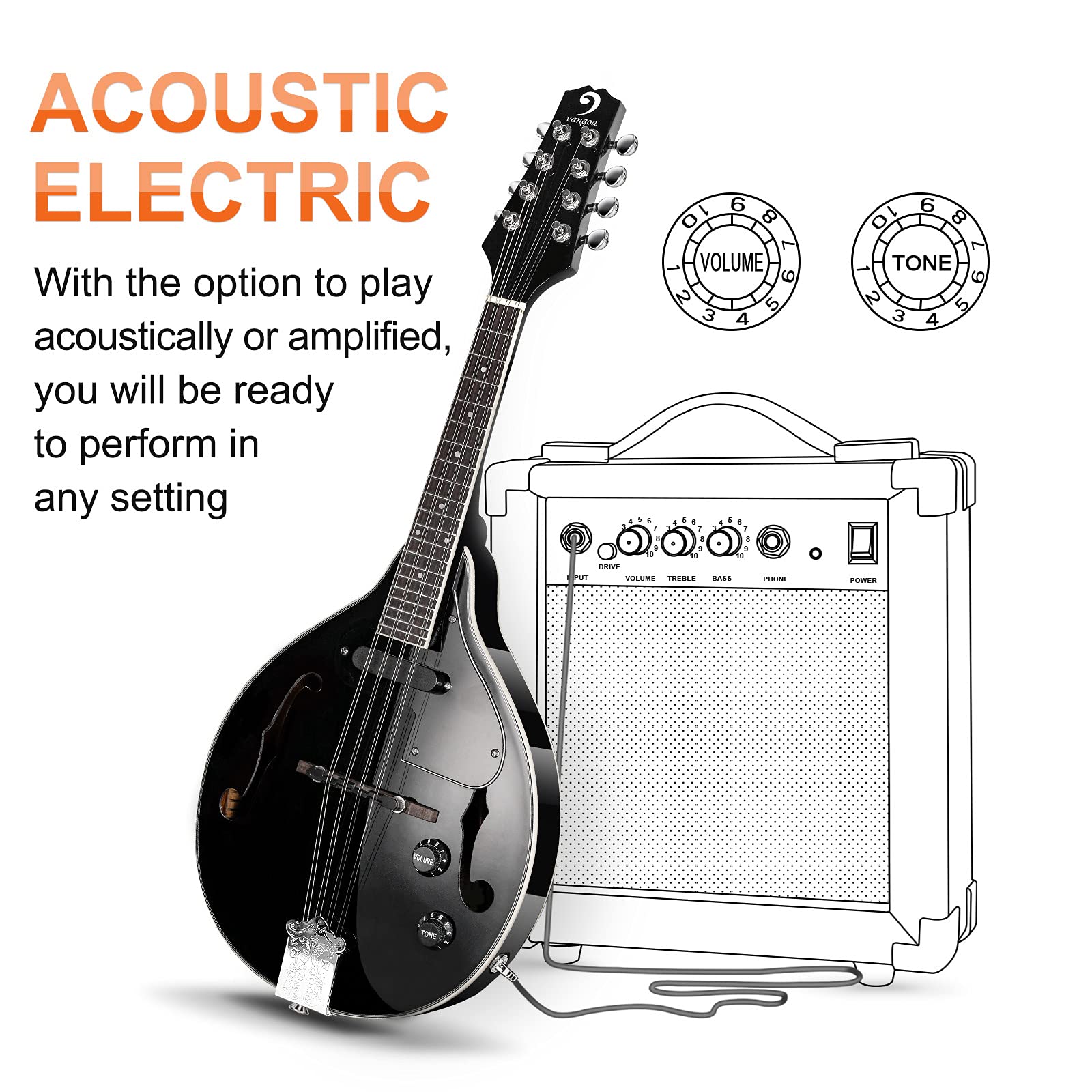 Vangoa Mandolin Musical Instrument A Style Acoustic Electric, 8 Strings Mahogany for Beginner Adults Teens, Red Burst