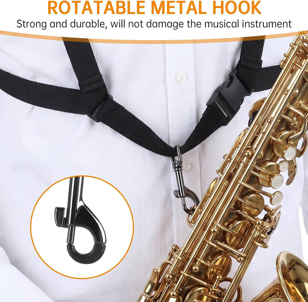Hsei Saxophone Harness with Metal Snap, Adjustable Double Shoulder Saxophone Strap, Black Widened Thickened Design Sax Harness for Comfortable Support Alto Tenor Baritone Soprano