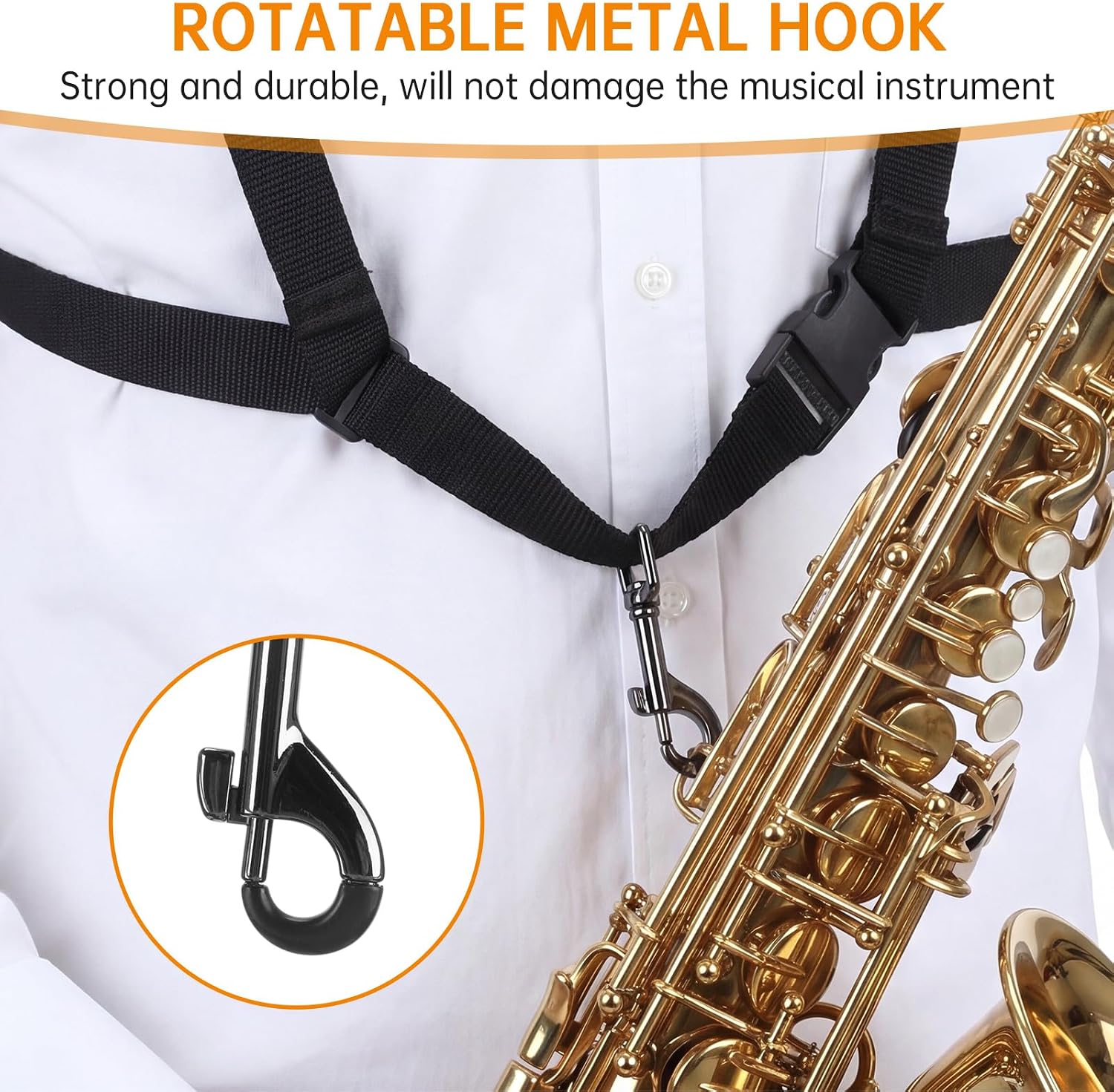 Hsei Saxophone Harness with Metal Snap, Adjustable Double Shoulder Saxophone Strap, Black Widened Thickened Design Sax Harness for Comfortable Support Alto Tenor Baritone Soprano