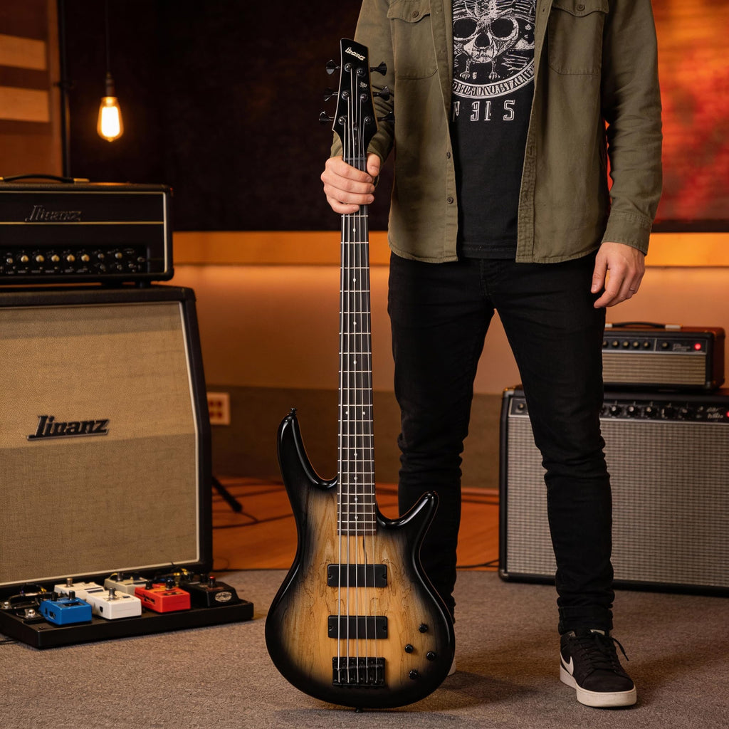 Ibanez GSR205B SR Gio 5-String Bass Guitar - Walnut Flat Bundle with Gig Bag, Tuner, Strap, Cable, Austin Bazaar Instructional DVD, and Polishing Cloth
