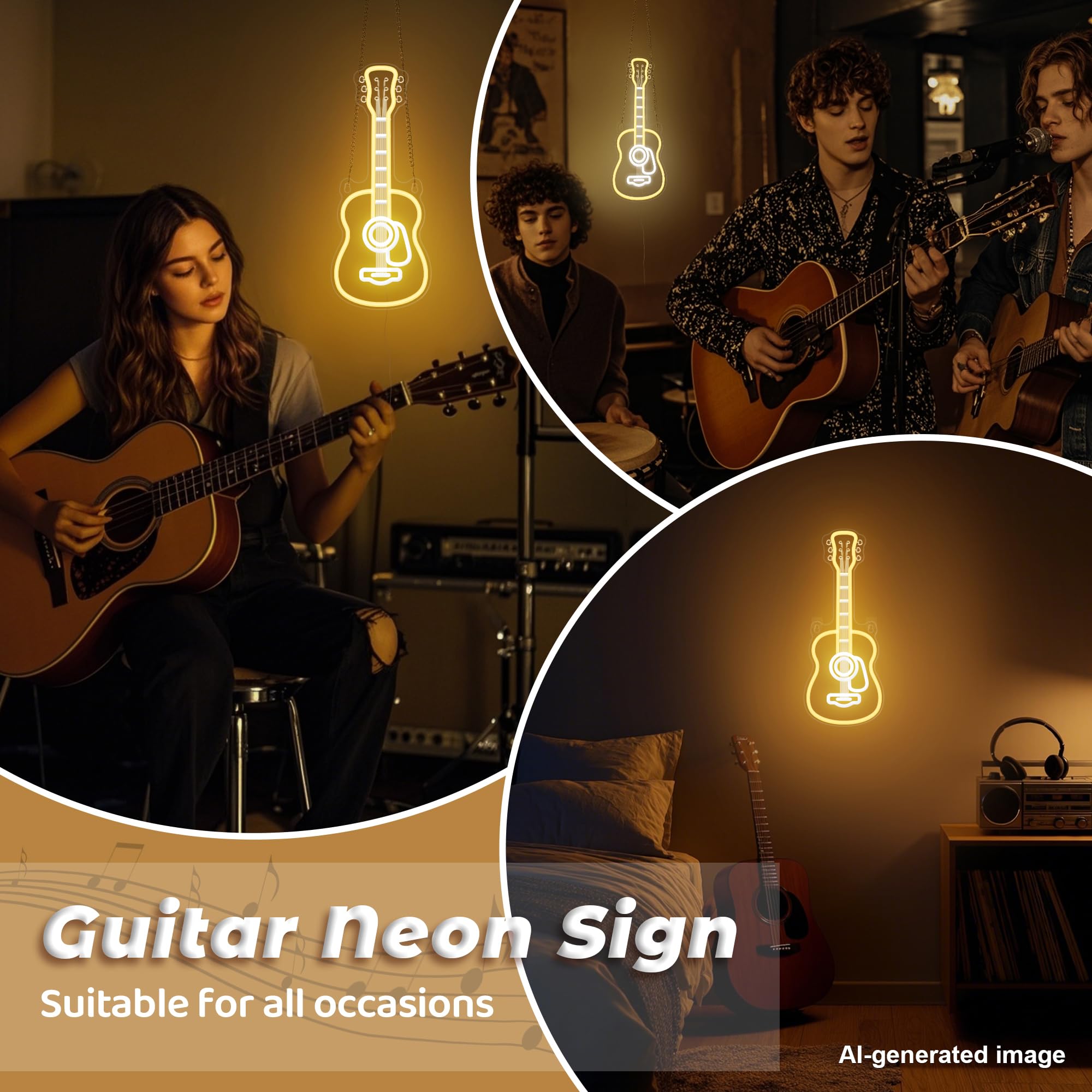 CoolGift Mart Acoustic Guitar Neon Light, Dimmable LED Guitar Neon Wall Sign USB Powered, Decorations for Bedroom Living Room Man Cave Music Studio, Gift for Guitar Players Guitarists Music Lovers