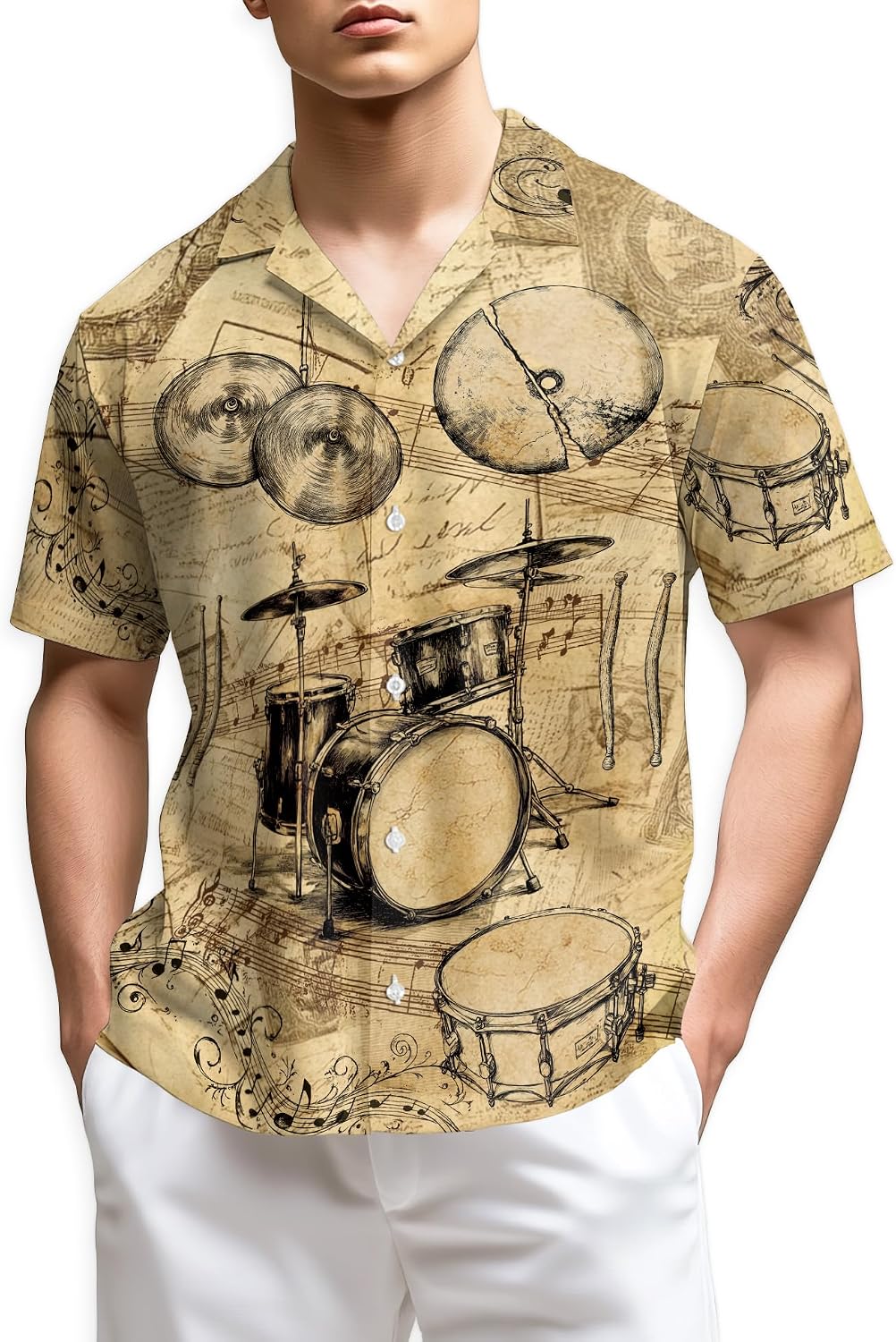 Trombone Pattern Hawaiian Shirt for Men, Summer Vacation Button Down Shirt, Aloha Beach Short Sleeve Shirt, S-5XL