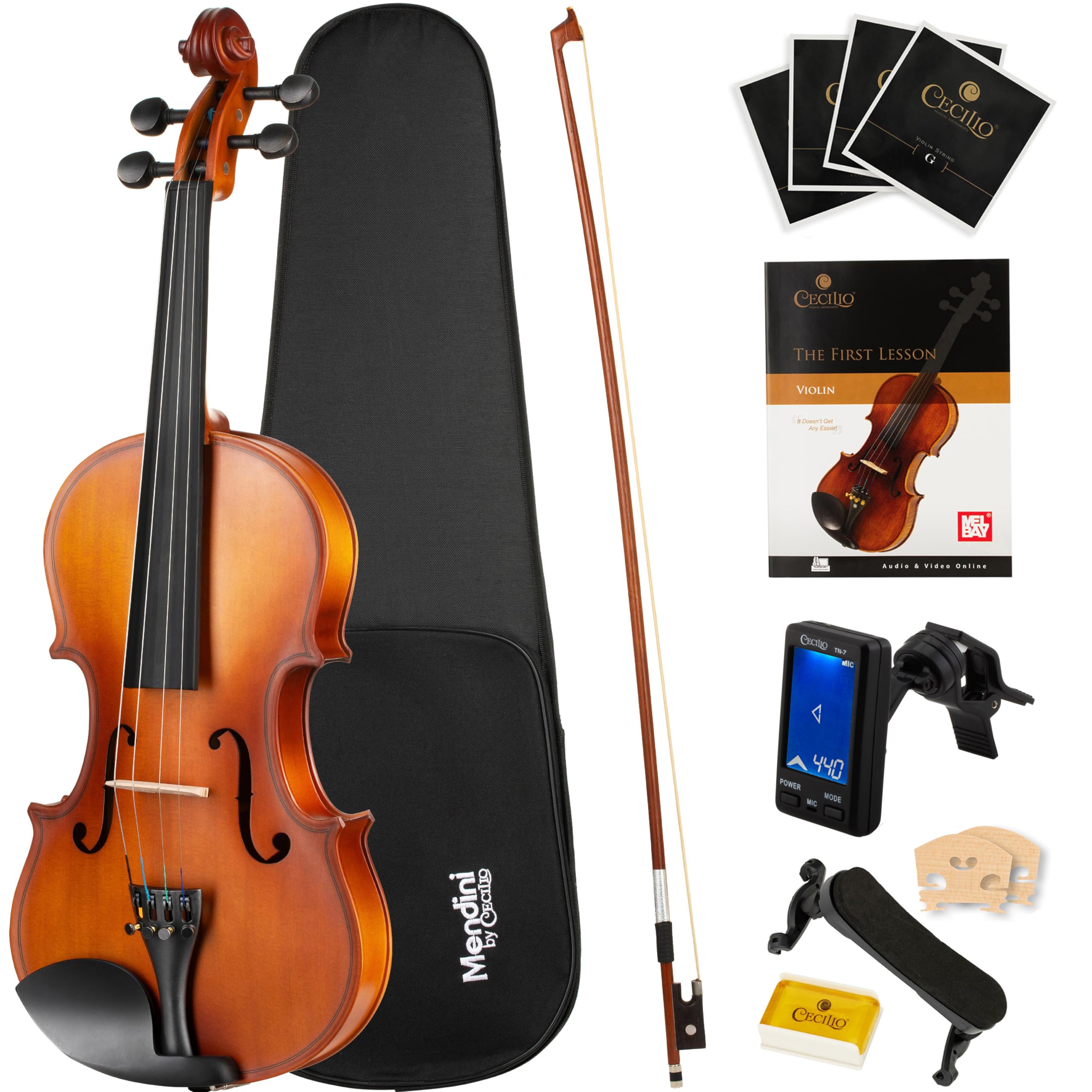 Mendini By Cecilio Violin 4/4 Full Size For Beginners - Fiddle Solidwood Kit with Hard Case - Acoustic Violins with Bow, Rosin, Tuner, Extra Strings & Bridge, Shoulder Rest and Lesson Book (Varnish)