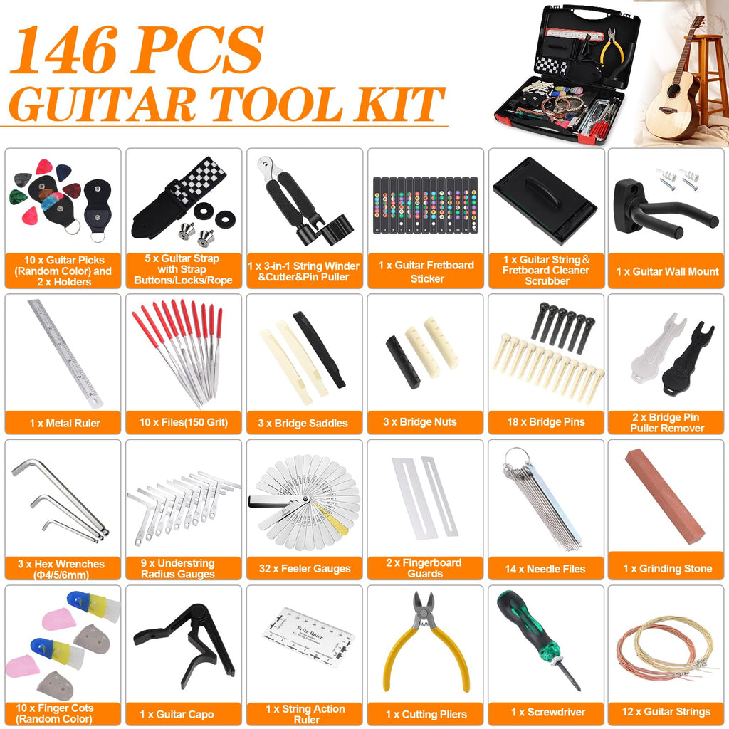 Guitar Tool Kit, 119 Pcs Professional Guitar Repair Kit, Guitar Maintenance Kit with Guitar Tools Accessories and Carry Bag, Guitar Setup Kit for Electric Guitar Acoustic Guitar Ukulele Banjo Bass