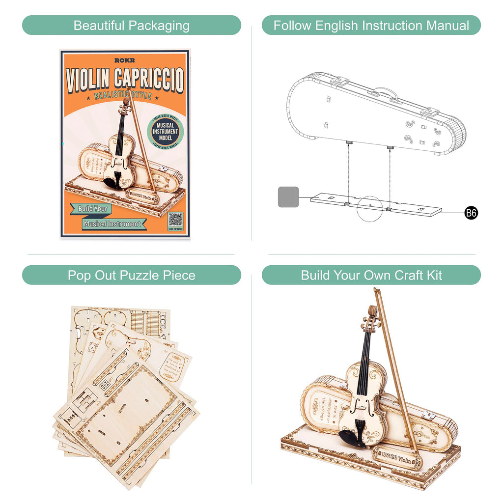 ROKR Wooden 3D Puzzles for Adults Violin, Musical Instrument Model Kit 3D Puzzles to Build, Desk Decor/DIY Hobbies/Gifts for Family and Friends (Violin)