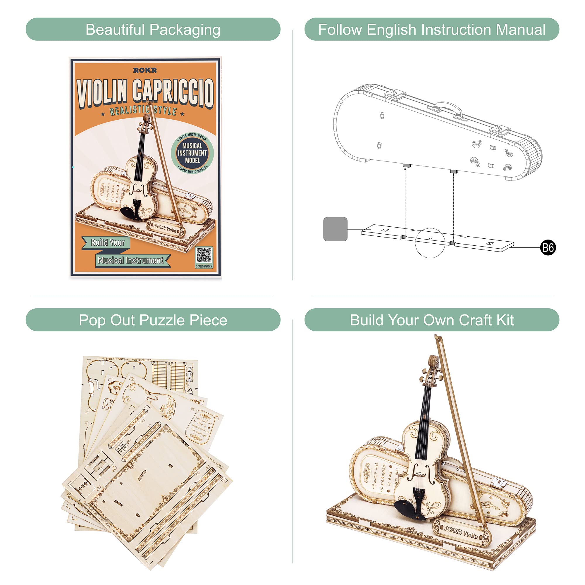 ROKR Wooden 3D Puzzles for Adults Violin, Musical Instrument Model Kit 3D Puzzles to Build, Desk Decor/DIY Hobbies/Gifts for Family and Friends (Violin)