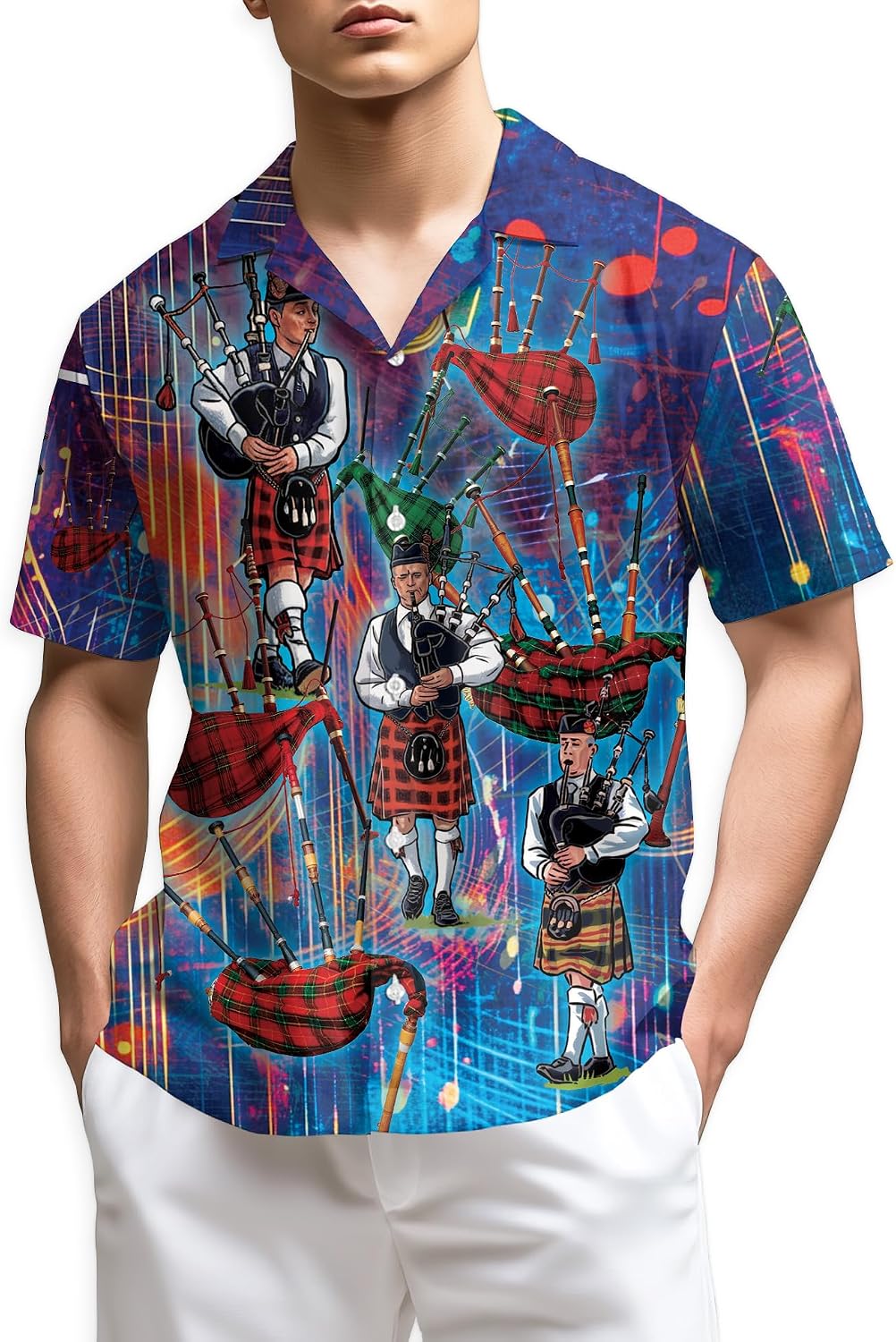 Trombone Pattern Hawaiian Shirt for Men, Summer Vacation Button Down Shirt, Aloha Beach Short Sleeve Shirt, S-5XL