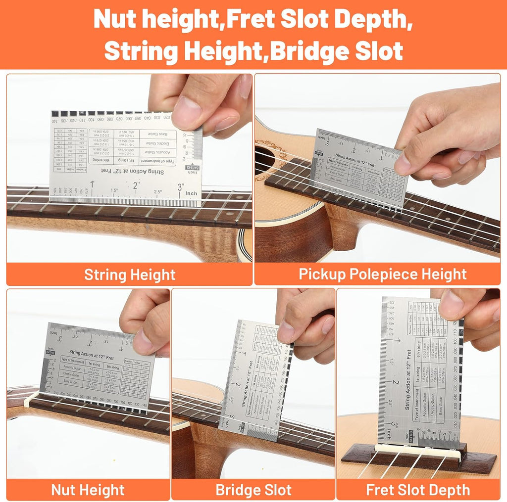 Guitar Radius Gauge Set, 9-Piece Understring Radius Tools String Action Ruler Luthier Kit Precision Measuring Tool for Guitar Bass Setup Repair (Stainless Steel)