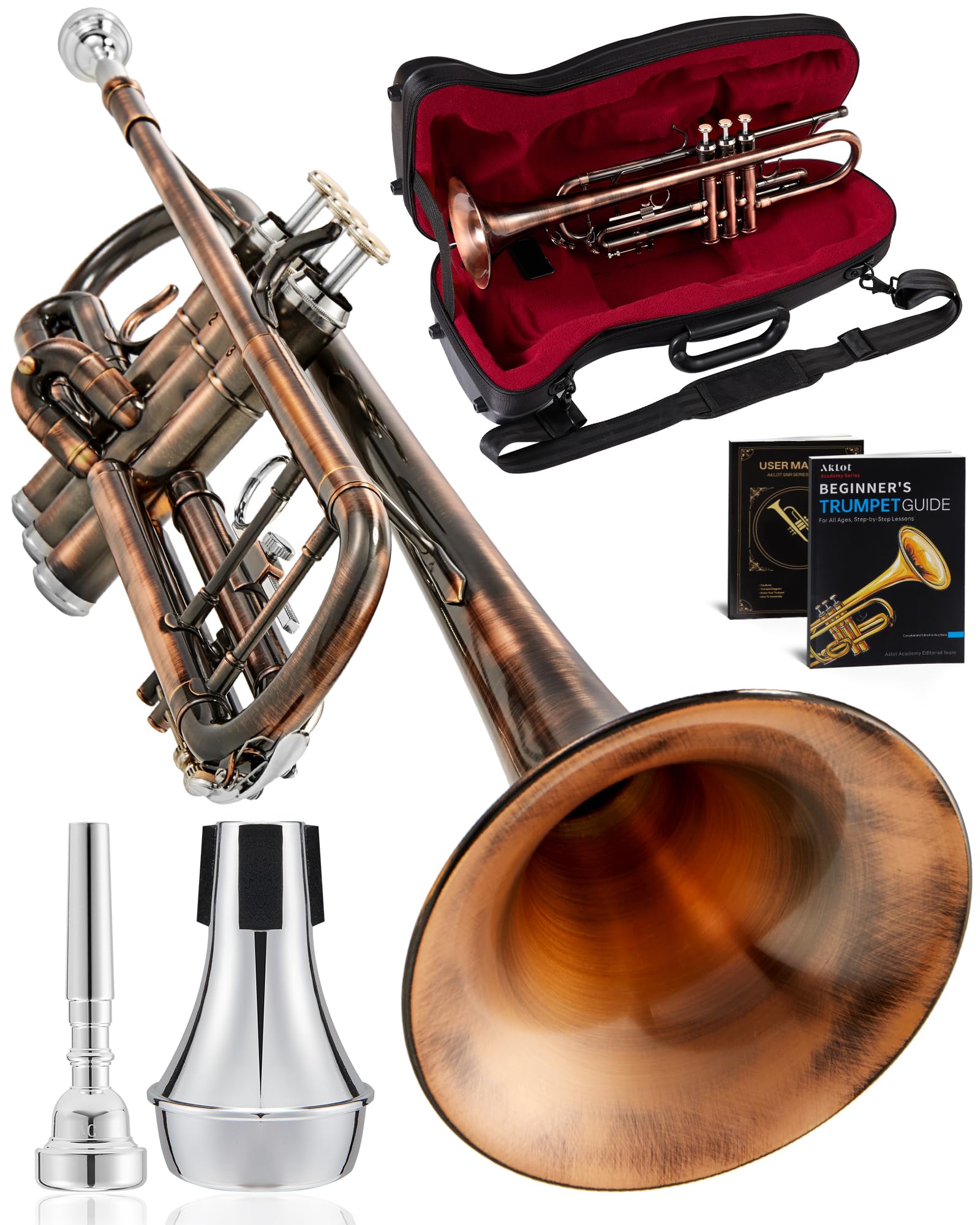 AKLOT Hand-Hammered Bell Bb Trumpet: Smooth Valve Action, Clear-Lacquered Brass Body, Standard Trumpet Beginner Set with Leather Case, Lesson Book, Trumpet Mute, Mouthpiece, Cleaning Kit (SNR-BrzSF)