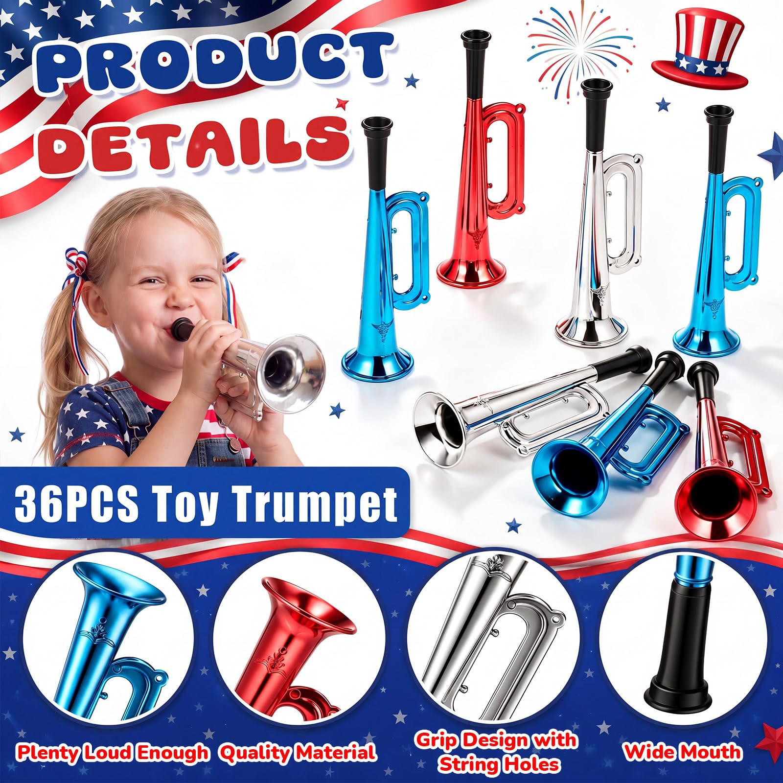 Deekin 36 Pcs 4th of July Plastic Trumpet 6 Inch Patriotic Party Favor Noise Maker Trumpet 250th Anniversary Noise Makers Musical Instruments for 4th of July Soccer Party Favors(Red, Blue, White)