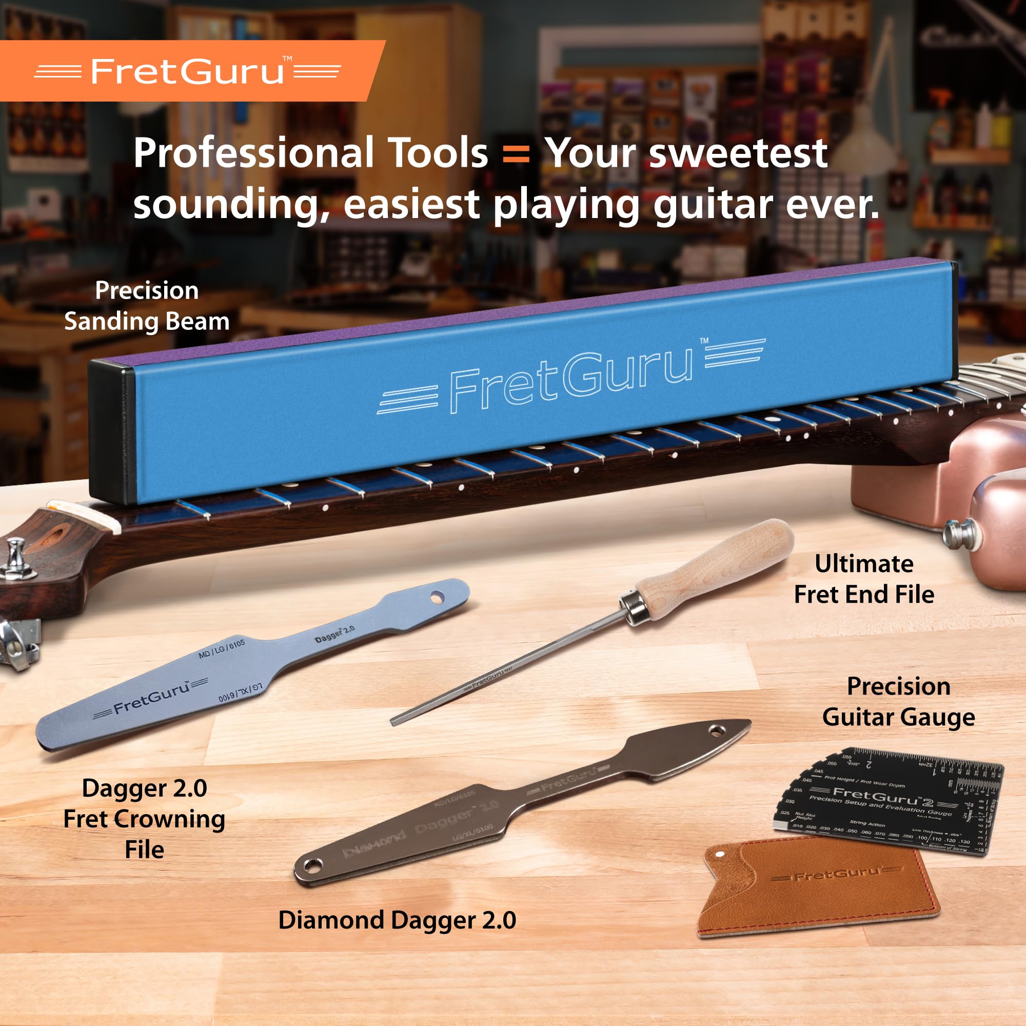 String Action Gauge Guitar Fret Ruler Precision Fret Rocker Precise CNC Machined, Diamond Honed, Polished Edge Guitar String Height Gauge Luthier Tool with Genuine Leather Case | Precision .010" increments, Laser etched markings, Luthier tool for guitar s