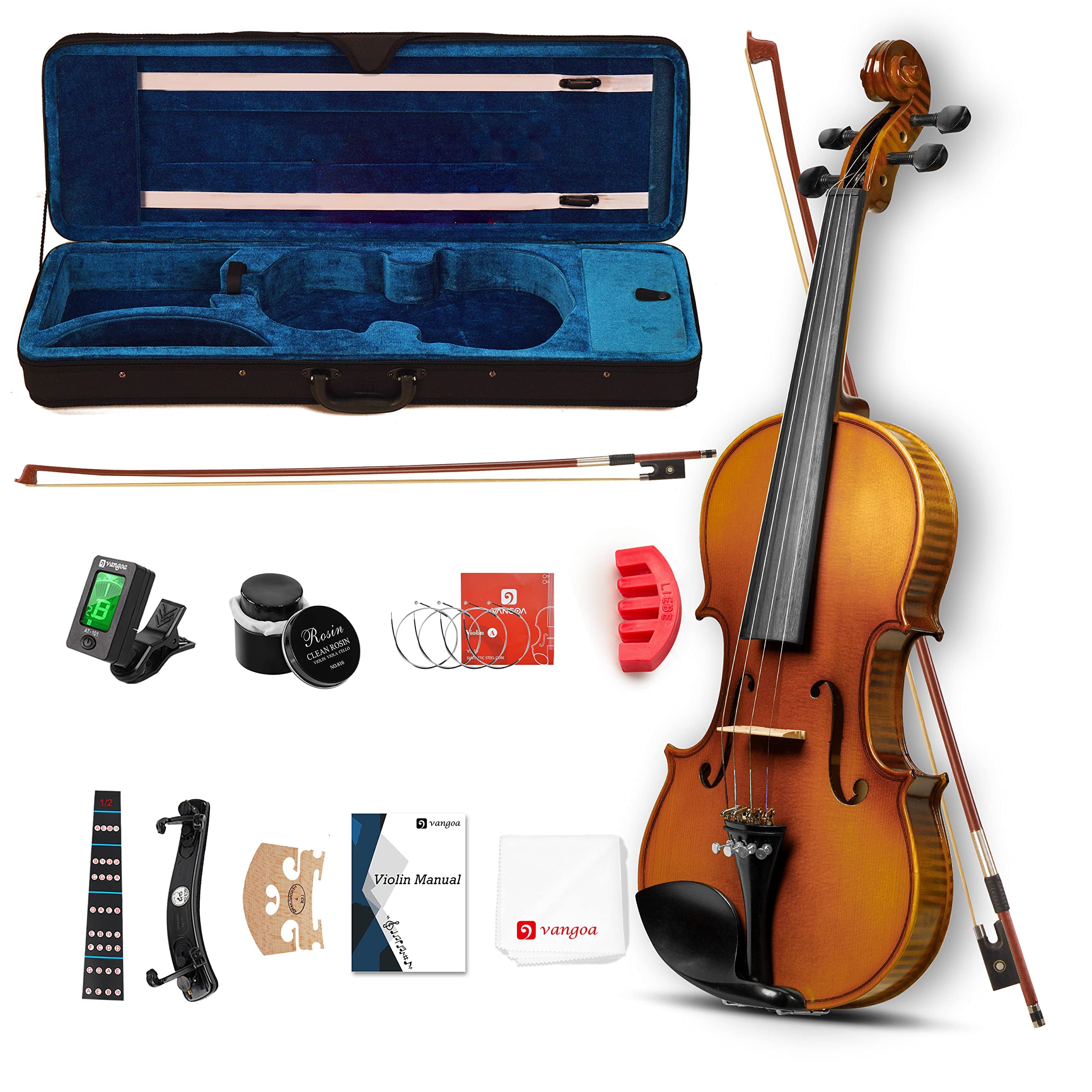 Vangoa Violin 4/4 Full Size Set, Varnish Fiddle Solid Wood for Professional Adults Senior Intermediate Beginners Student Starter Acoustic Violins Kit Outfit with Ebony Fitted, Hard Case, Right Handed