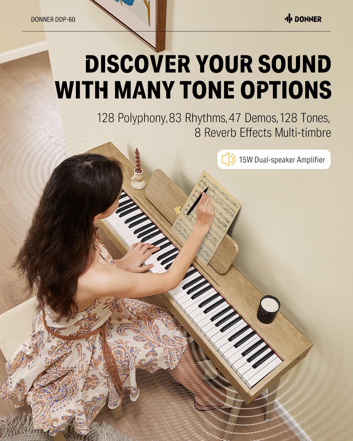 Donner OURA S100 Digital Piano with 88 Key Graded Hammer Weighted Keyboard for Beginner, Full Size Electric Piano Keyboard with Bluetooth, 3 Original Demos, LOCAL OFF, 2×10 W, Piano Three Pedal,White
