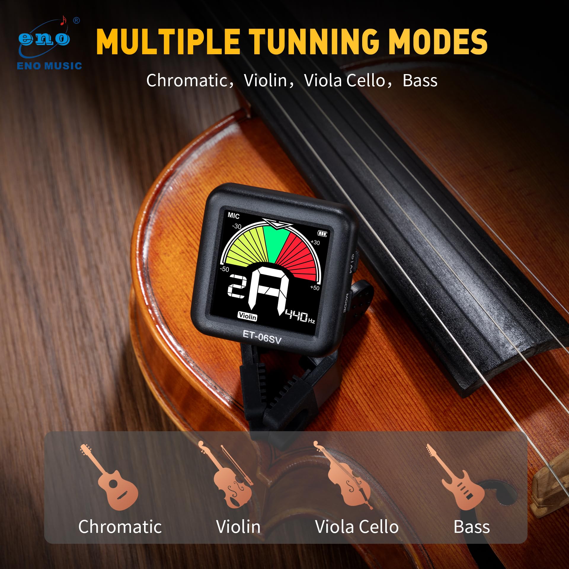 ENO MUSIC Rechargeable Type-C Quick Charge Easy Control Big LCD Display Easy Reading Clip-on Tuner for 4/4 Violin Viola Bass, Red