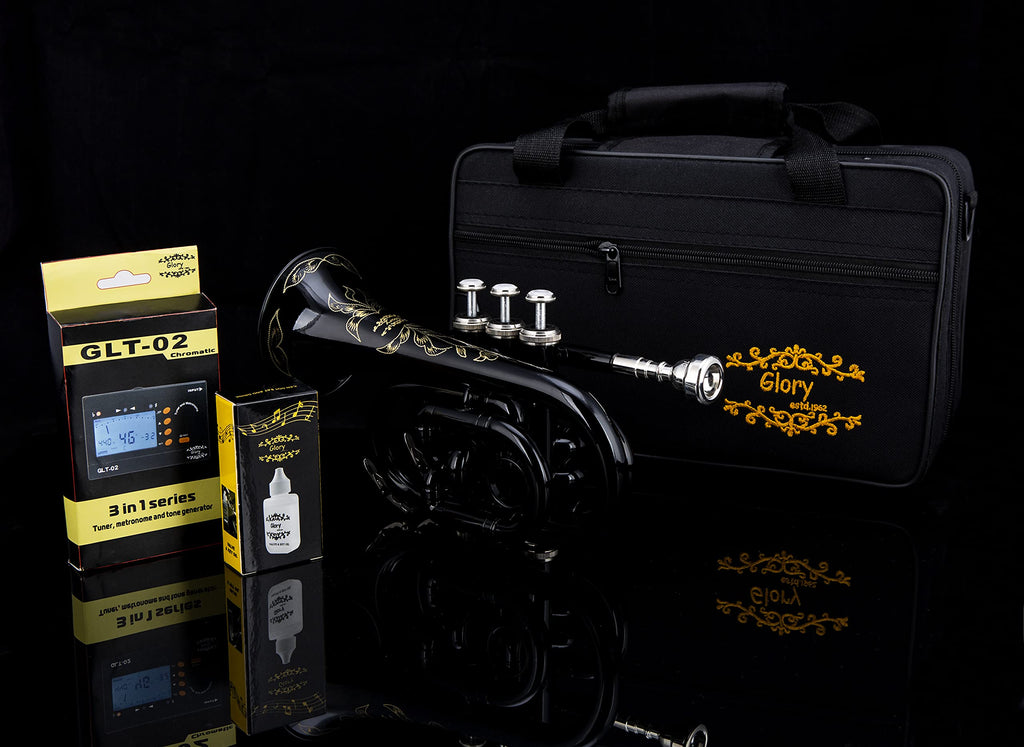 Glory Bb Pocket Trumpet with Case,Cleaning Cloth, Gloves, Black