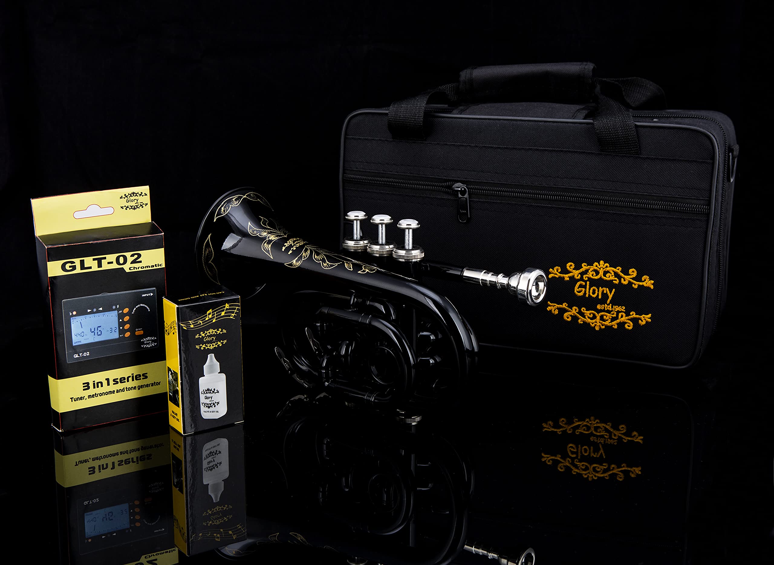Glory Bb Pocket Trumpet with Case,Cleaning Cloth, Gloves, Black