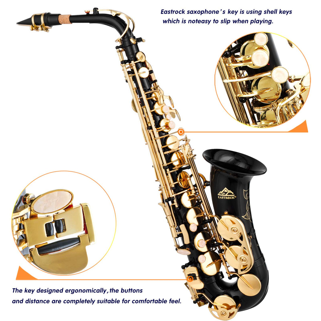 EASTROCK Black/Golden Alto Saxophone E Flat Sax Full Kit for Students Beginner with Carrying Case,Mouthpiece,Mouthpiece Cushion Pads,Cleaning Cloth&Cleaning Rod,White Gloves,Neck Strap