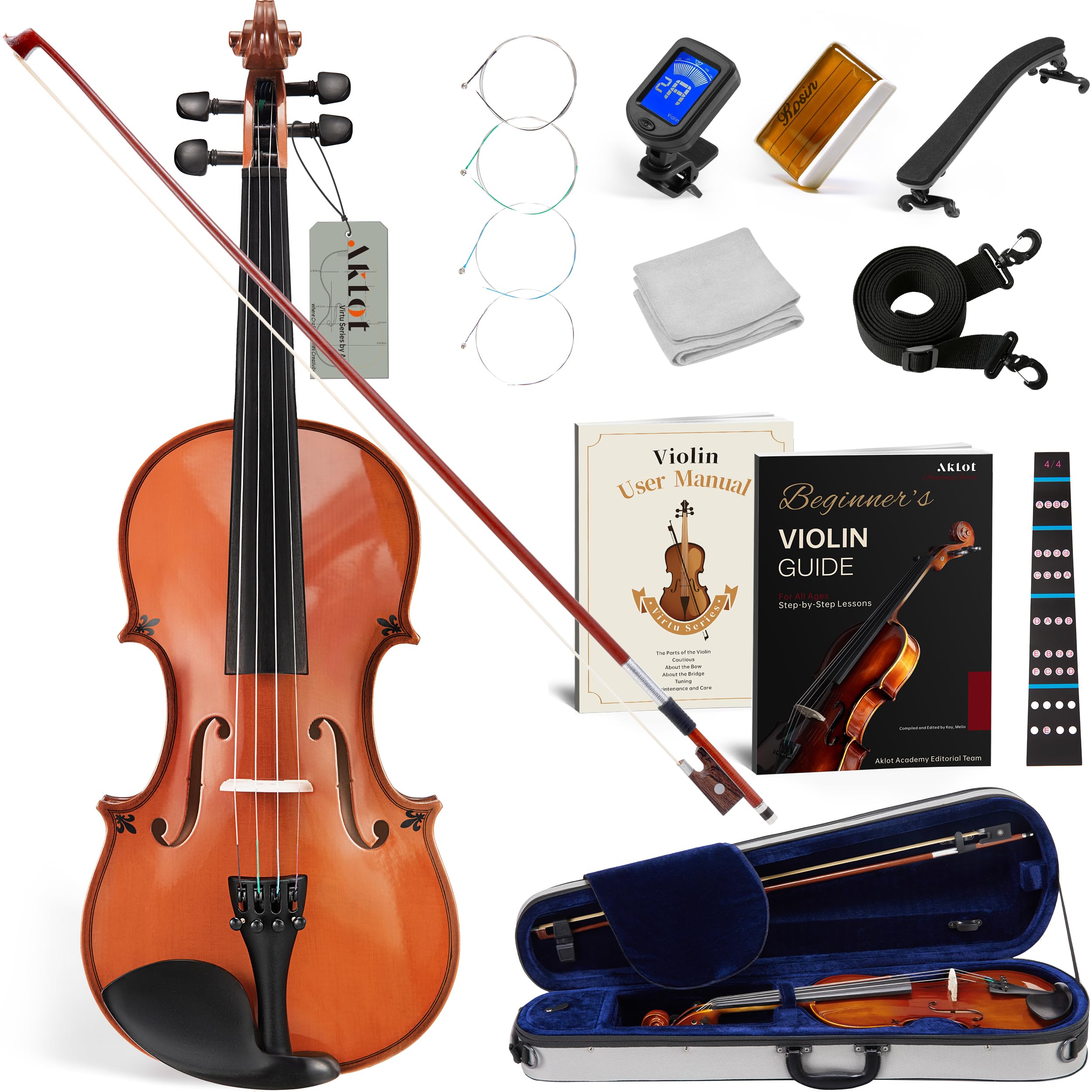 AKLOT Handcrafted Full Size Violin: Solid Wood Matte Fiddle, Acoustic Beginner 4/4 Violin Kit with Hard Case, Lesson Book, Bow, Shoulder Rest, Extra Strings, Tuner, Fretboard Stickers (VRT-AmiCS)
