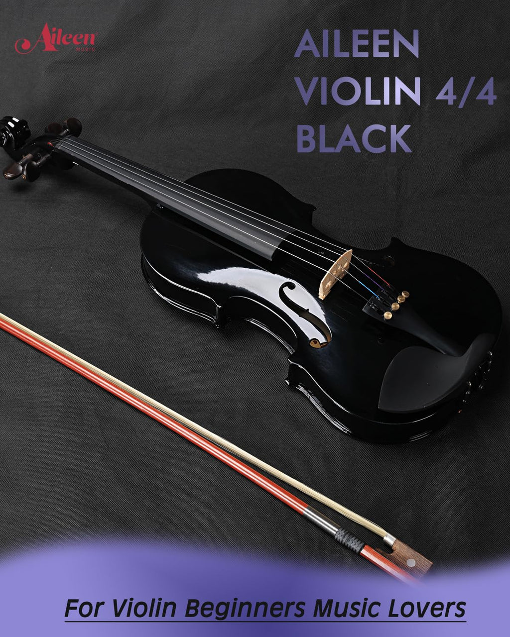Aileen Violin 4/4 Full Size for Adults Beginners, Black Fiddle Starter Kit for Students Age 12+, including Music Stand, Unique New Fingerboard Sticker, Mute